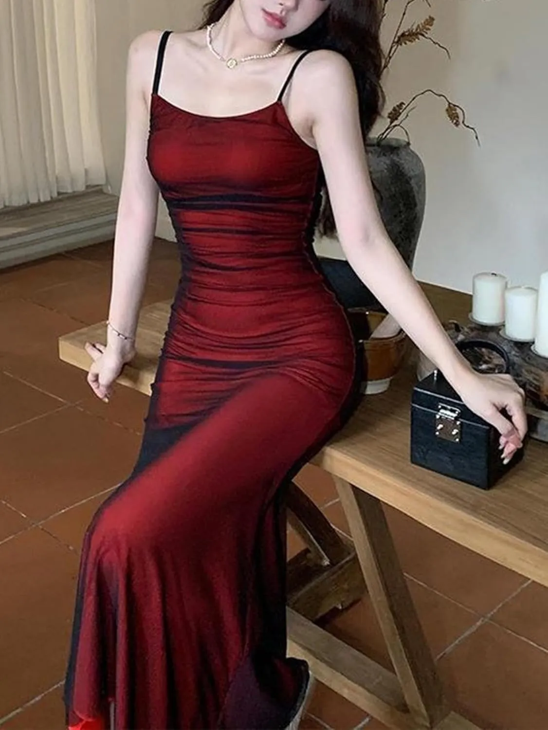 Women's Mesh Overlay Spaghetti Strap Dress Boho Sleeveless Bodycon Backless Midi Dress