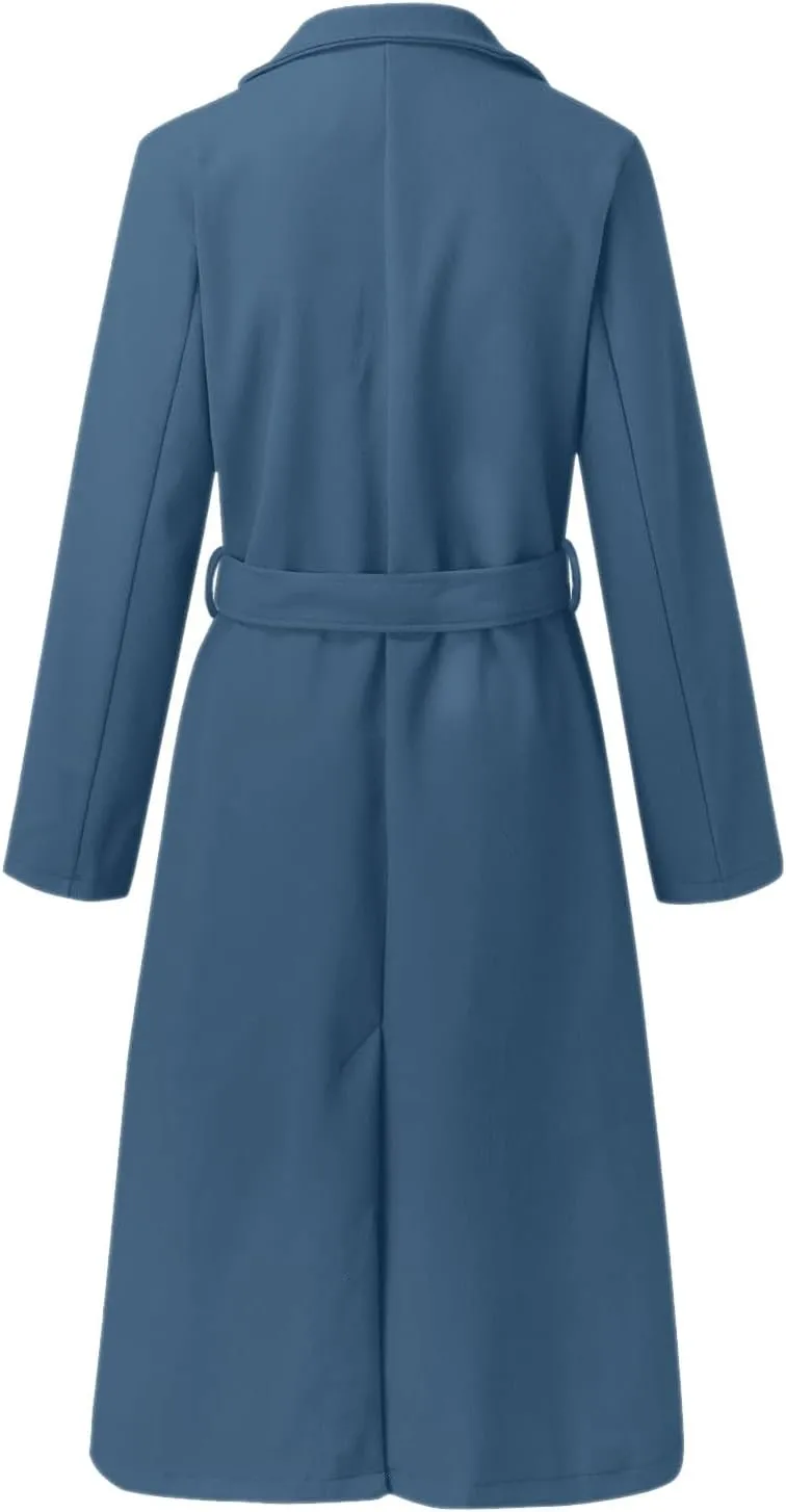 Womens Open Front Long Coat 2024 Fall Plus Size Wool Blend Jackets Classic Belted Formal Outerwear Casual Fashion Coats