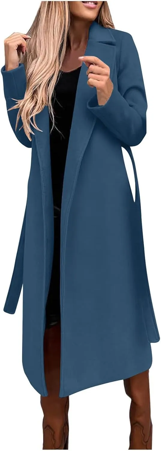 Womens Open Front Long Coat 2024 Fall Plus Size Wool Blend Jackets Classic Belted Formal Outerwear Casual Fashion Coats