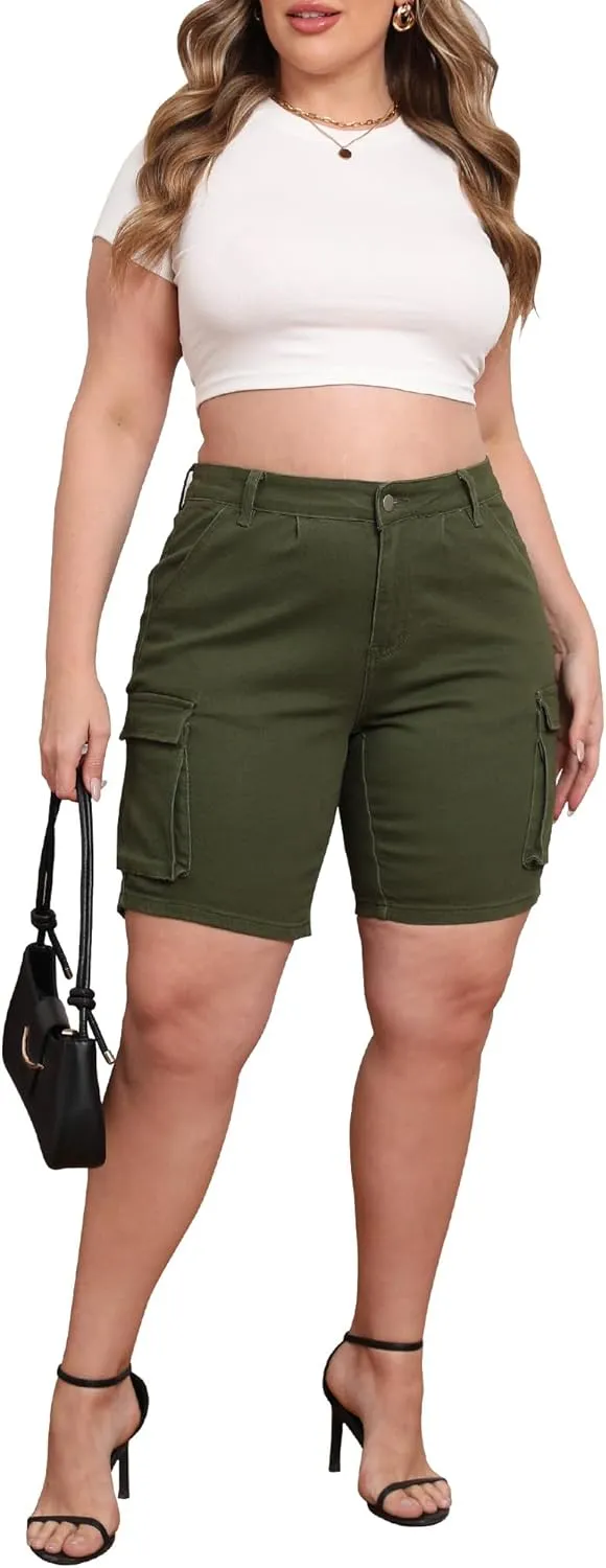 Womens Plus Size Jean Shorts Stretchy Cargo Bermuda Shorts High Waisted Y2k Denim Shorts