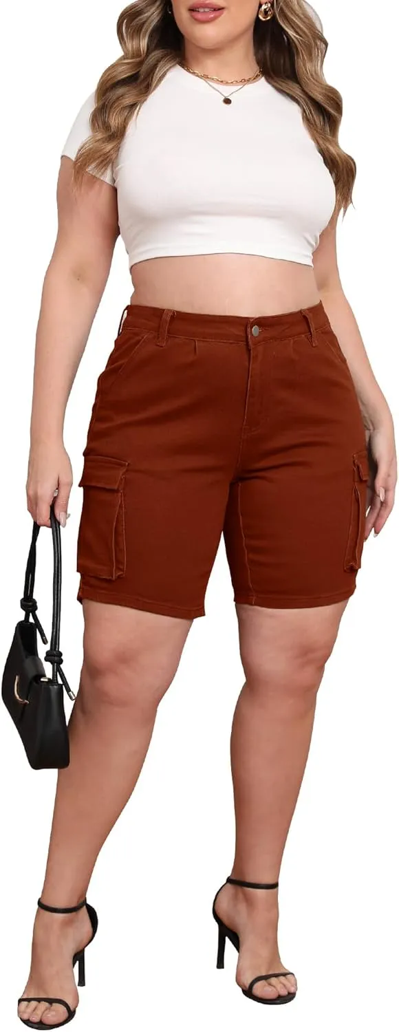 Womens Plus Size Jean Shorts Stretchy Cargo Bermuda Shorts High Waisted Y2k Denim Shorts