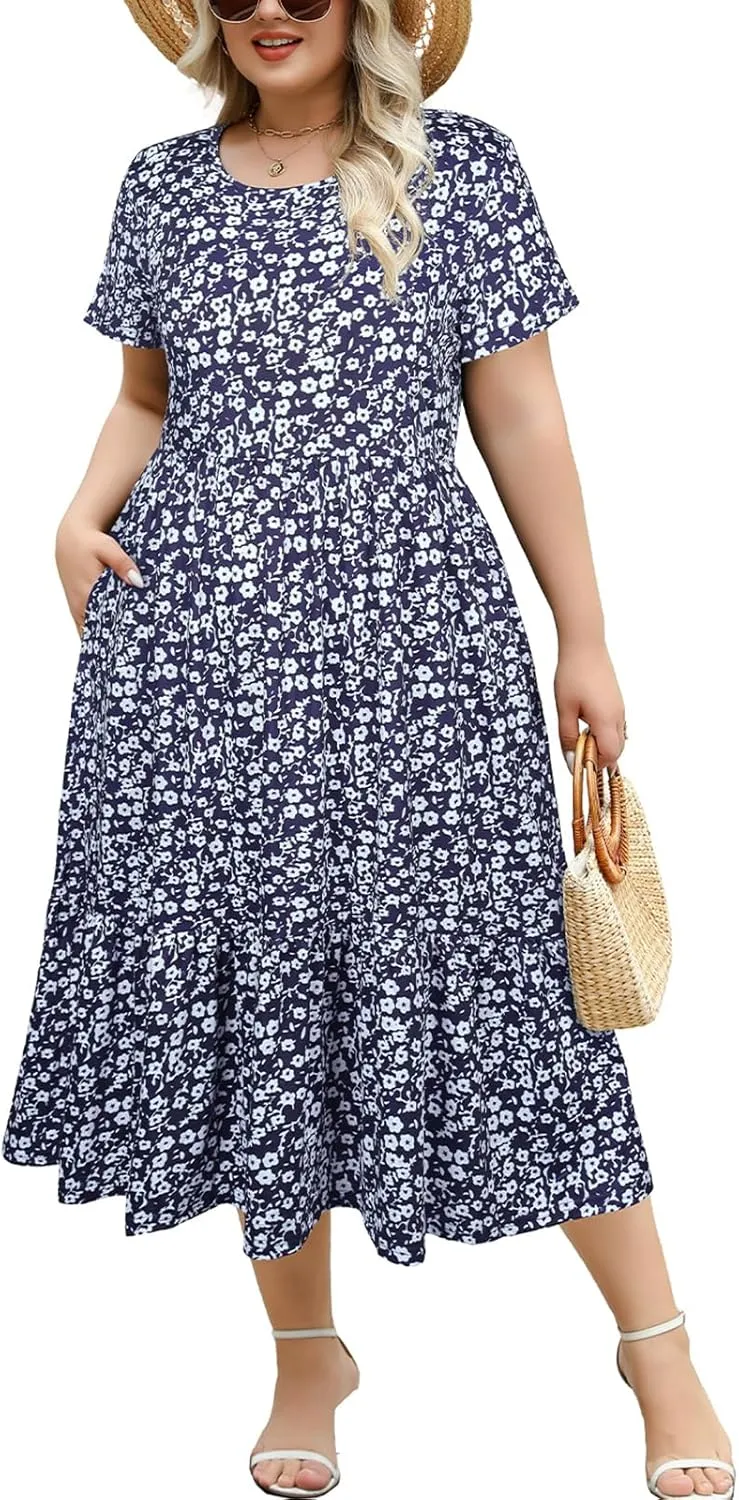 Women's Plus Size Midi Casual Dress with Pockets 1X-4X Tiered Short Sleeve Relax Fit Crewneck Summer Dresses