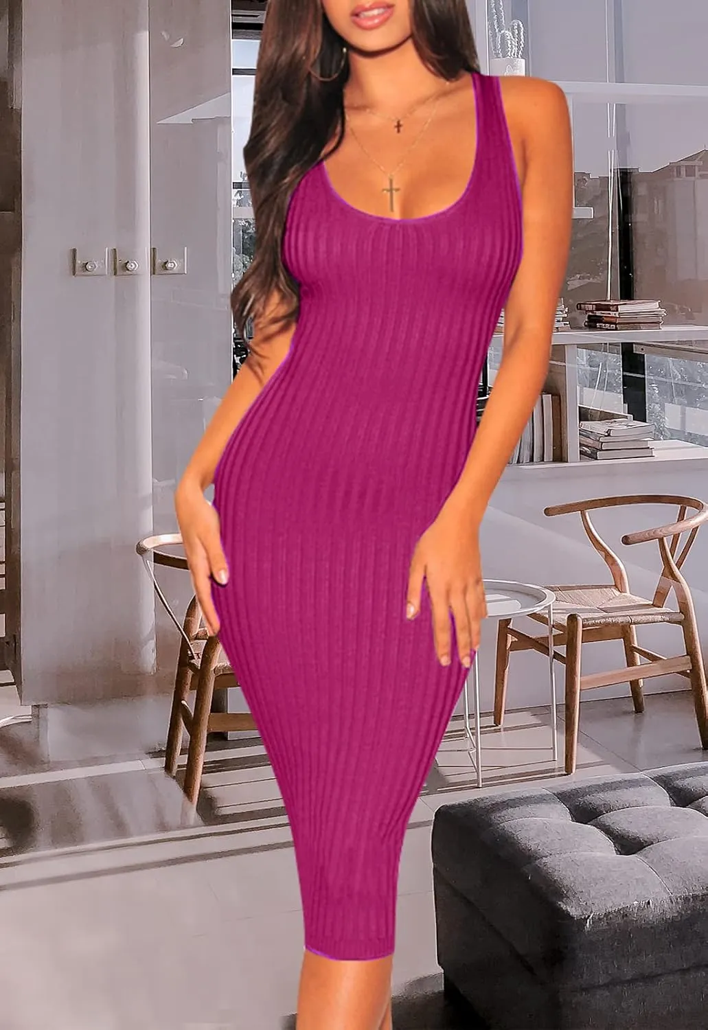 Women's Sexy Bodycon Tank Dresses Sleeveless Ribbed Knit Midi Club Dresses