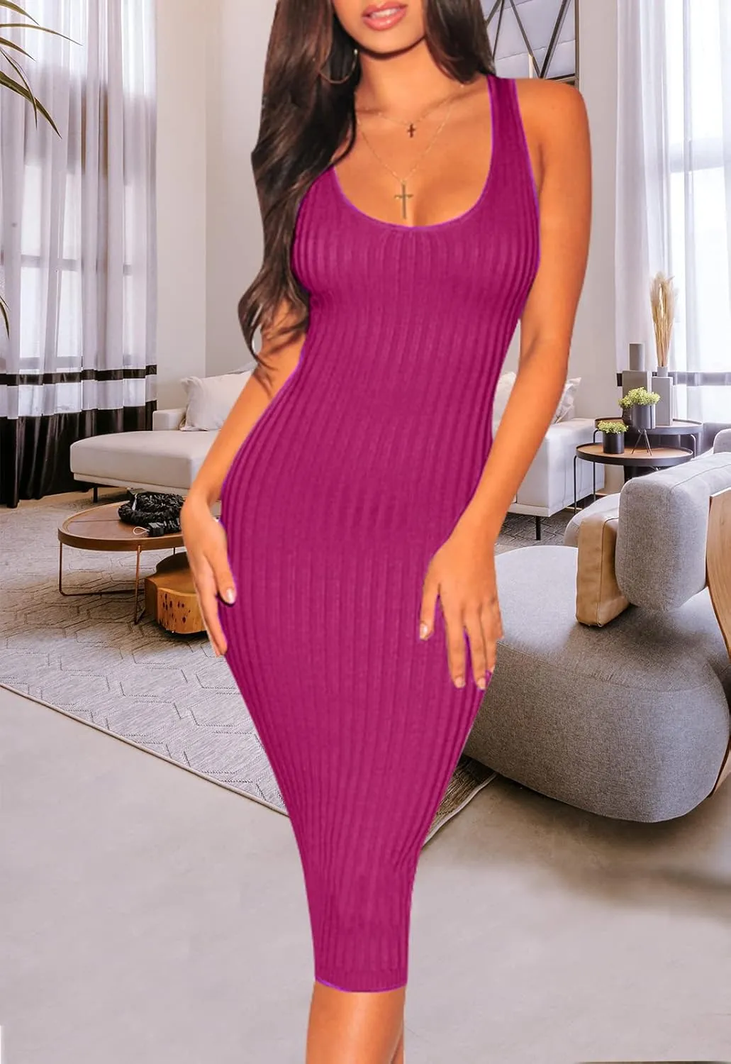 Women's Sexy Bodycon Tank Dresses Sleeveless Ribbed Knit Midi Club Dresses