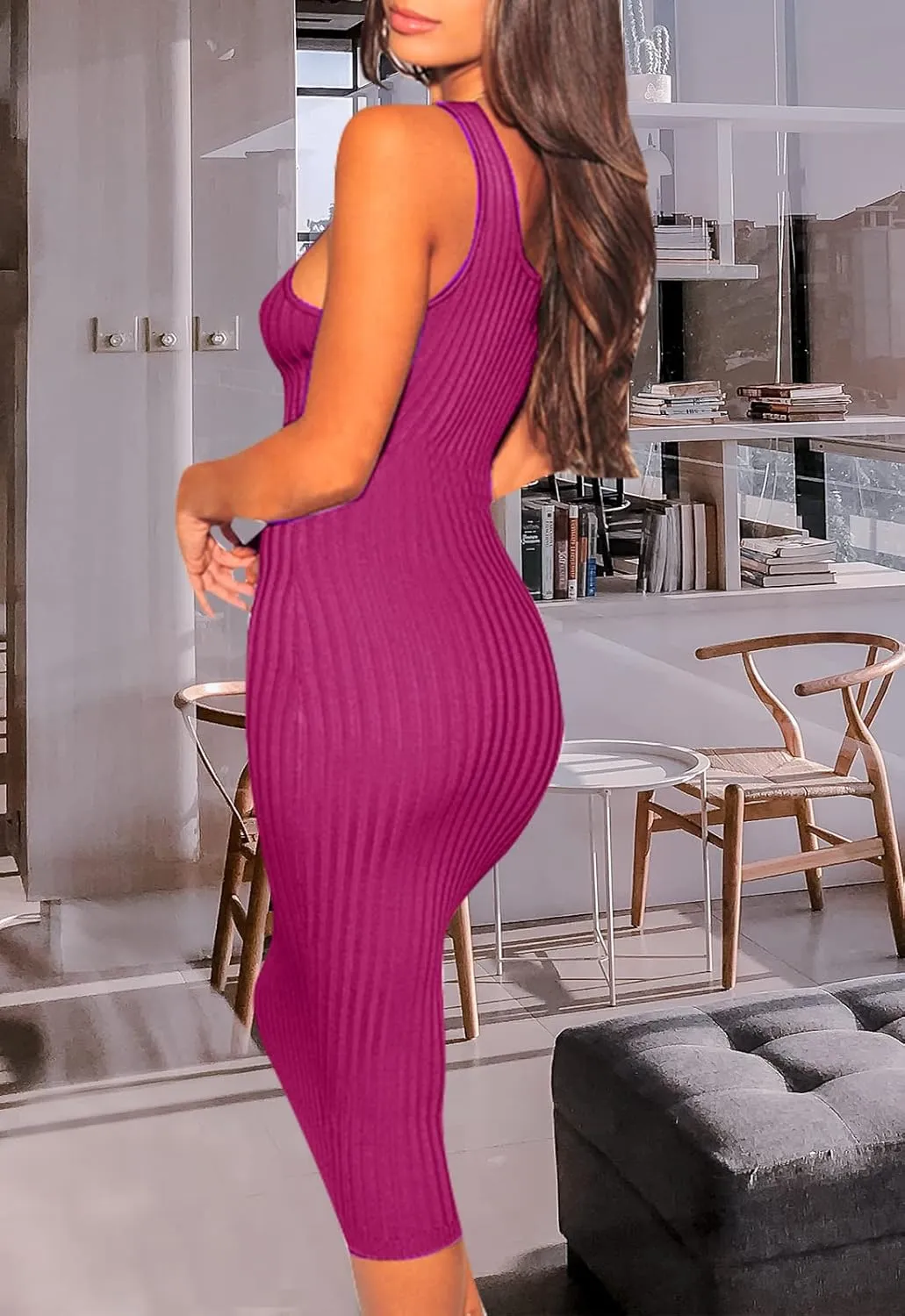Women's Sexy Bodycon Tank Dresses Sleeveless Ribbed Knit Midi Club Dresses