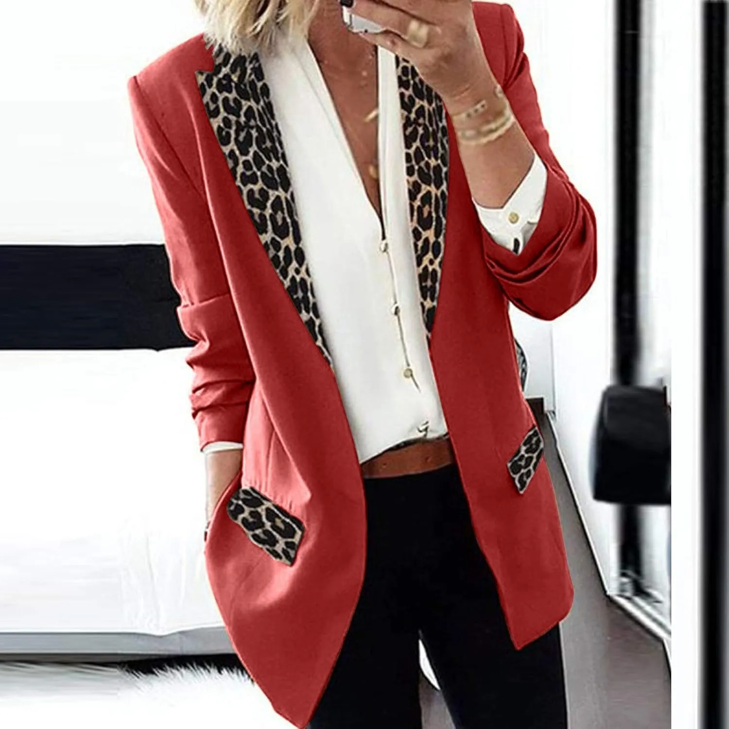 Womens Slim Blazer Fashion Leopard Print Color Block Cardigan Lapel Open Front Jackets Business Work Office Suit 2024