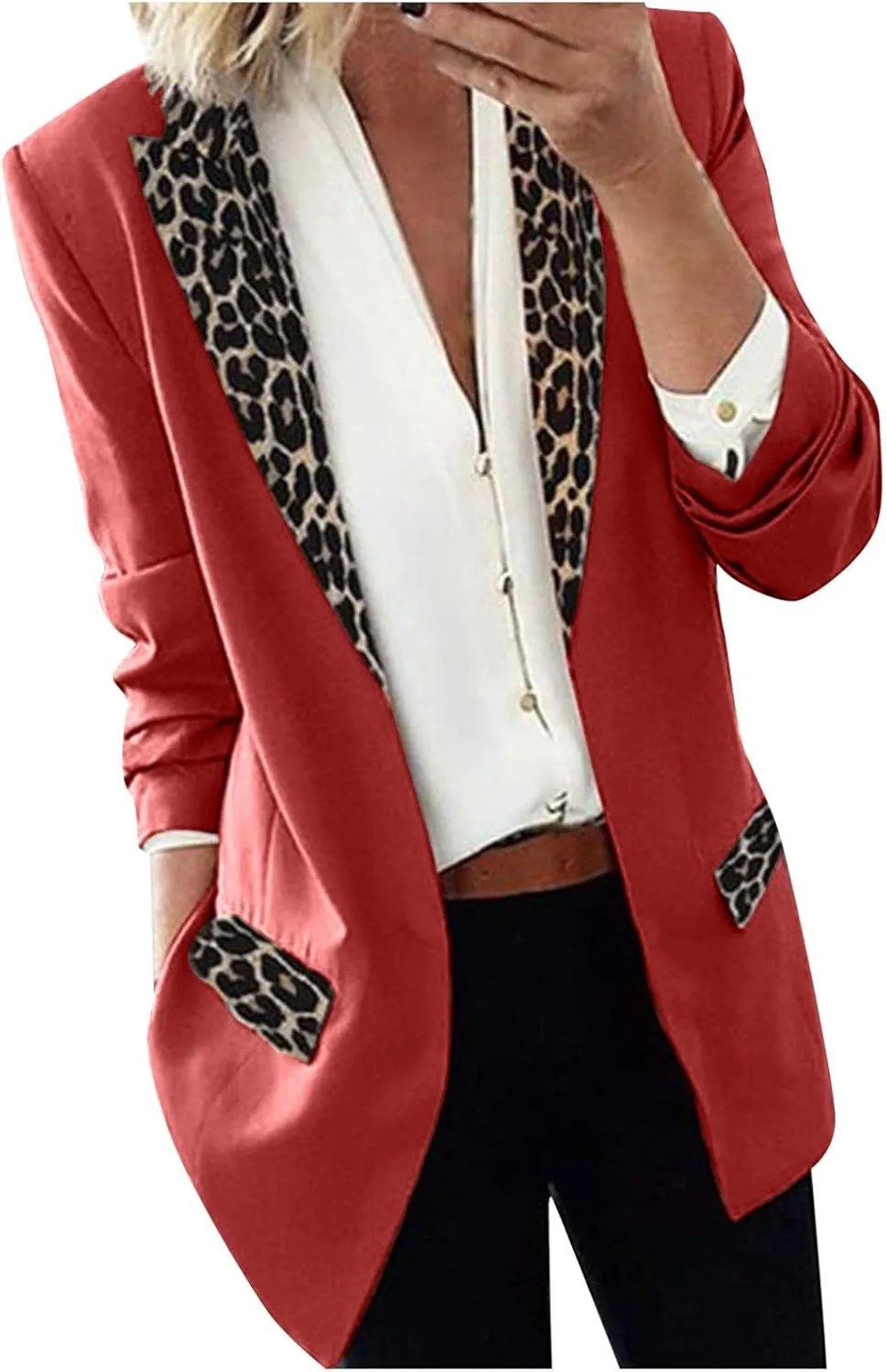Womens Slim Blazer Fashion Leopard Print Color Block Cardigan Lapel Open Front Jackets Business Work Office Suit 2024