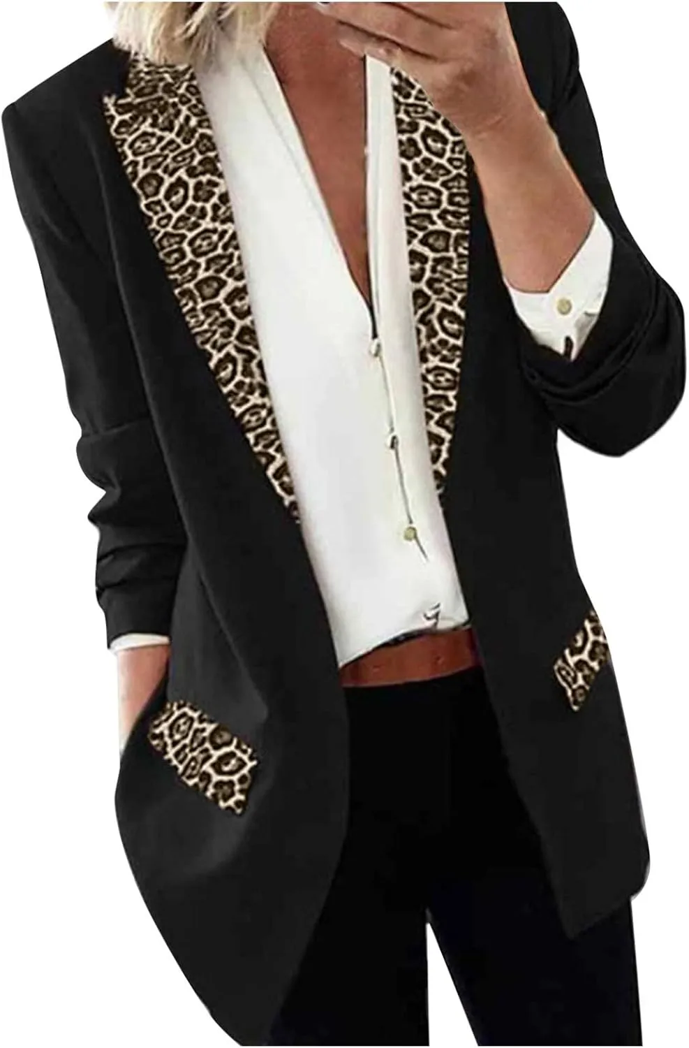 Womens Slim Blazer Fashion Leopard Print Color Block Cardigan Lapel Open Front Jackets Business Work Office Suit 2024