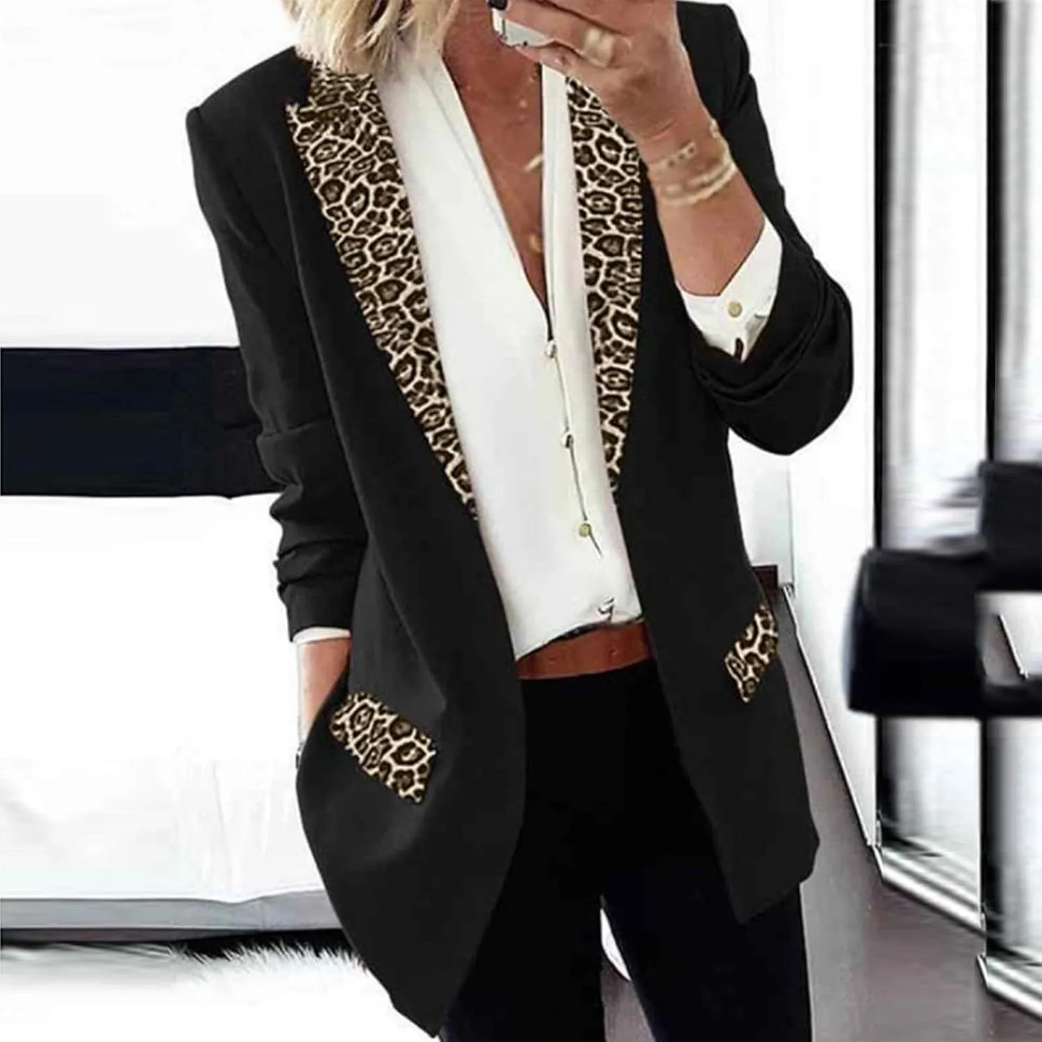 Womens Slim Blazer Fashion Leopard Print Color Block Cardigan Lapel Open Front Jackets Business Work Office Suit 2024