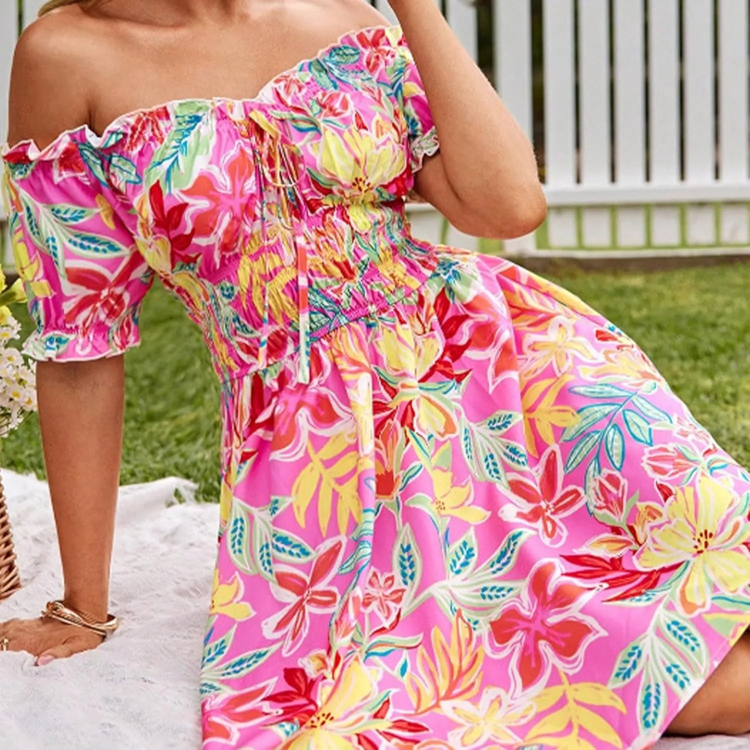 Womens Summer Boho Dress Off-Shoulder Floral Mini Pleated Skirt Beach Vacation