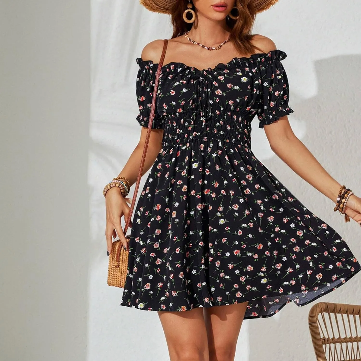 Womens Summer Boho Dress Off-Shoulder Floral Mini Pleated Skirt Beach Vacation