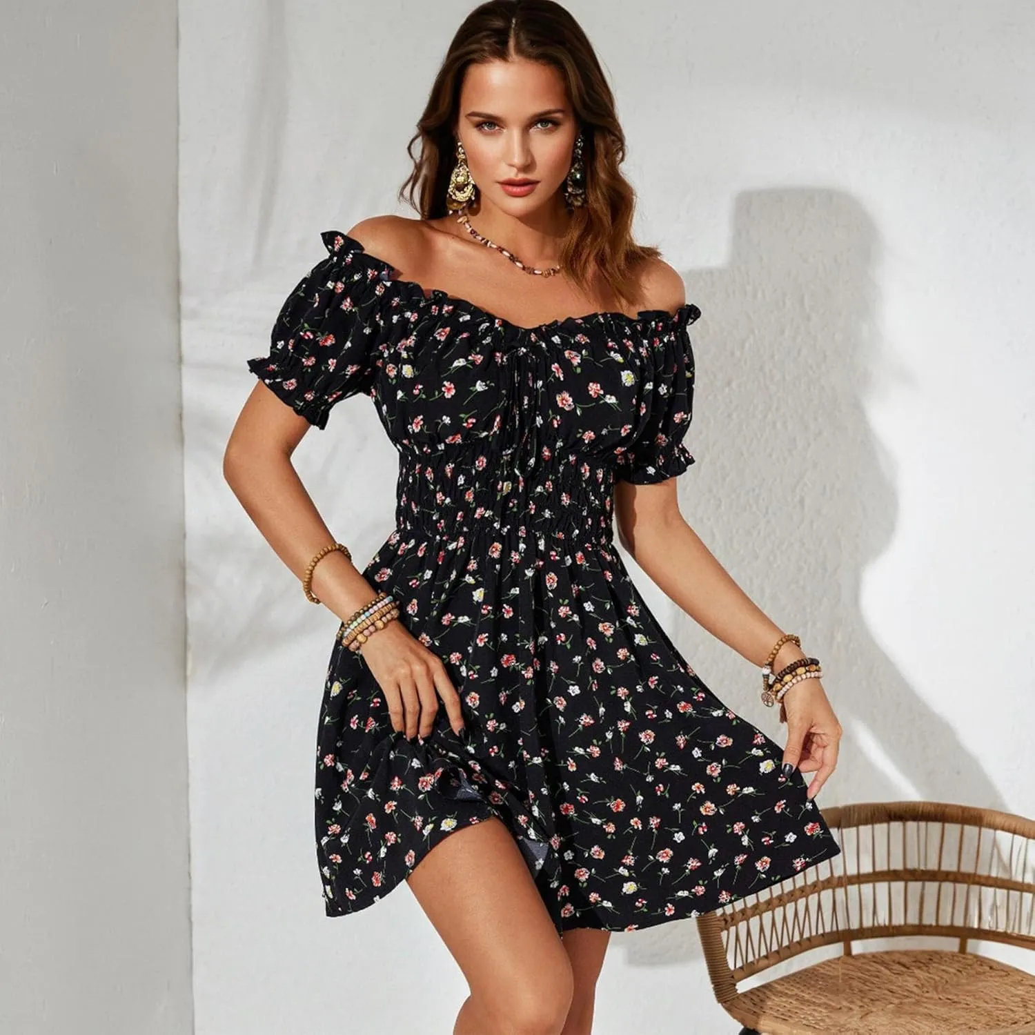 Womens Summer Boho Dress Off-Shoulder Floral Mini Pleated Skirt Beach Vacation