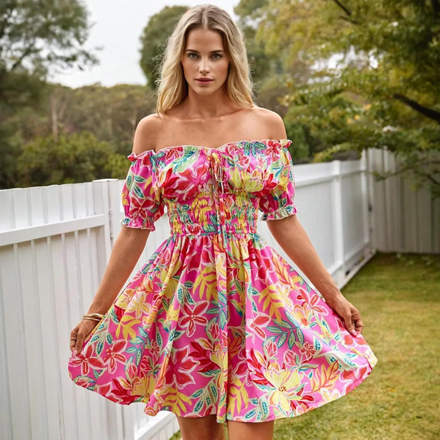 Womens Summer Boho Dress Off-Shoulder Floral Mini Pleated Skirt Beach Vacation