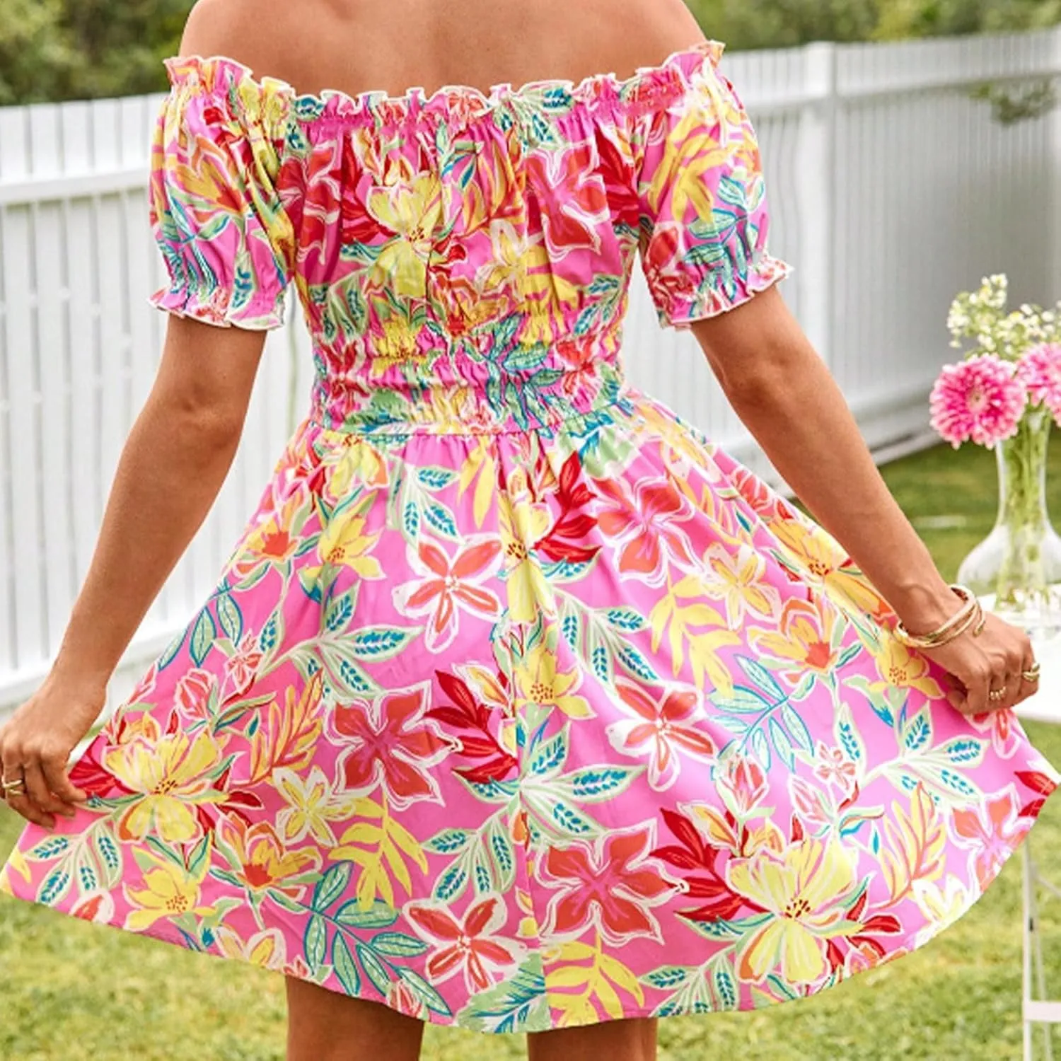 Womens Summer Boho Dress Off-Shoulder Floral Mini Pleated Skirt Beach Vacation