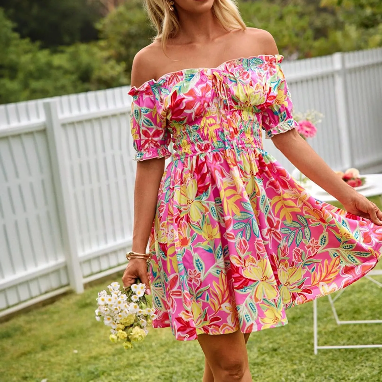 Womens Summer Boho Dress Off-Shoulder Floral Mini Pleated Skirt Beach Vacation