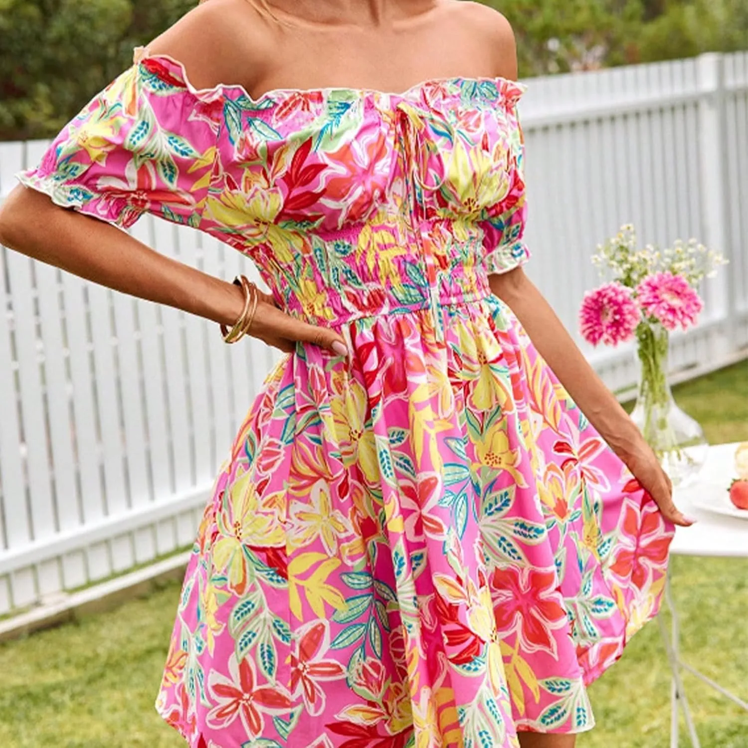 Womens Summer Boho Dress Off-Shoulder Floral Mini Pleated Skirt Beach Vacation
