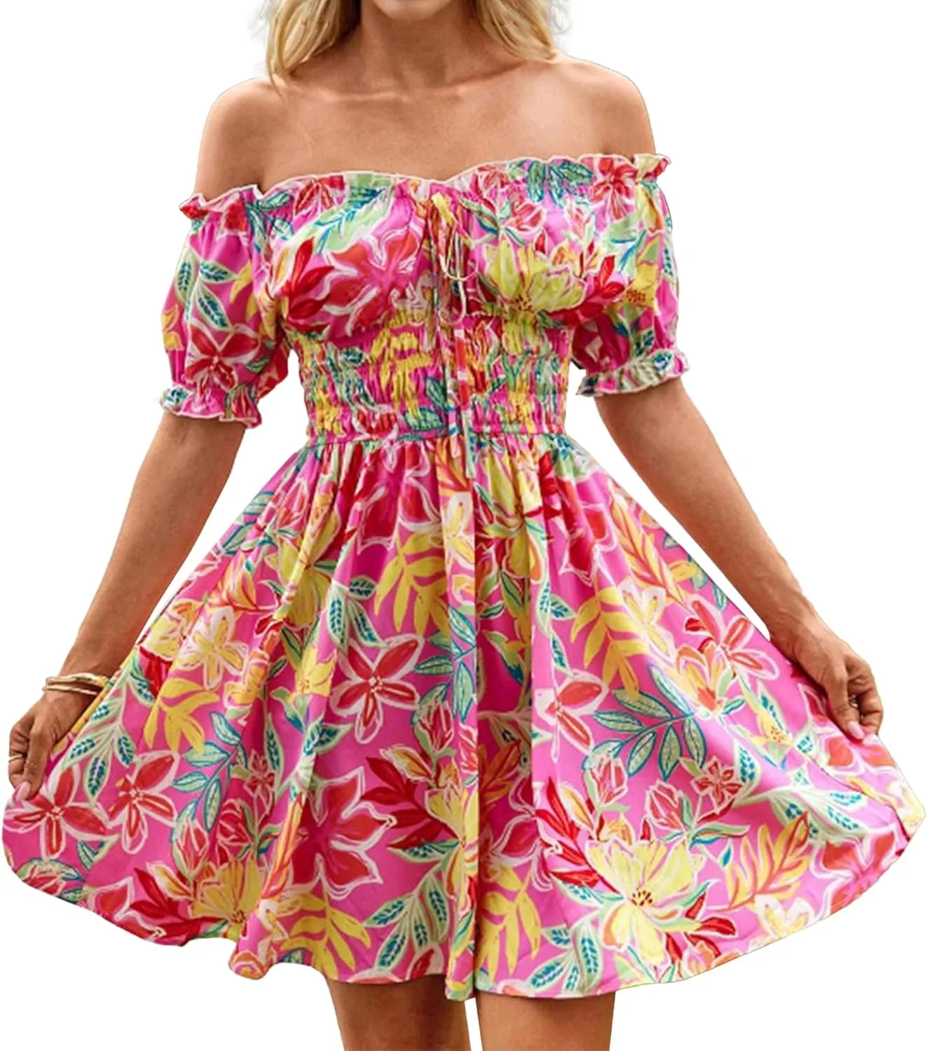 Womens Summer Boho Dress Off-Shoulder Floral Mini Pleated Skirt Beach Vacation
