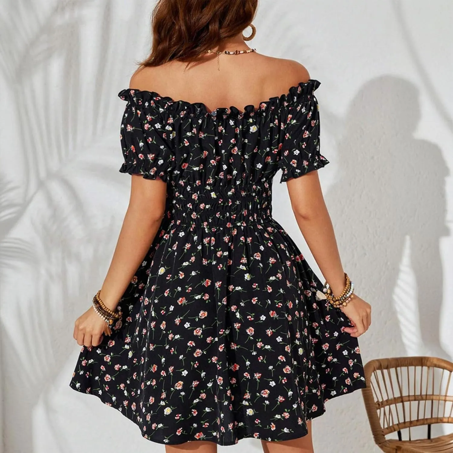 Womens Summer Boho Dress Off-Shoulder Floral Mini Pleated Skirt Beach Vacation