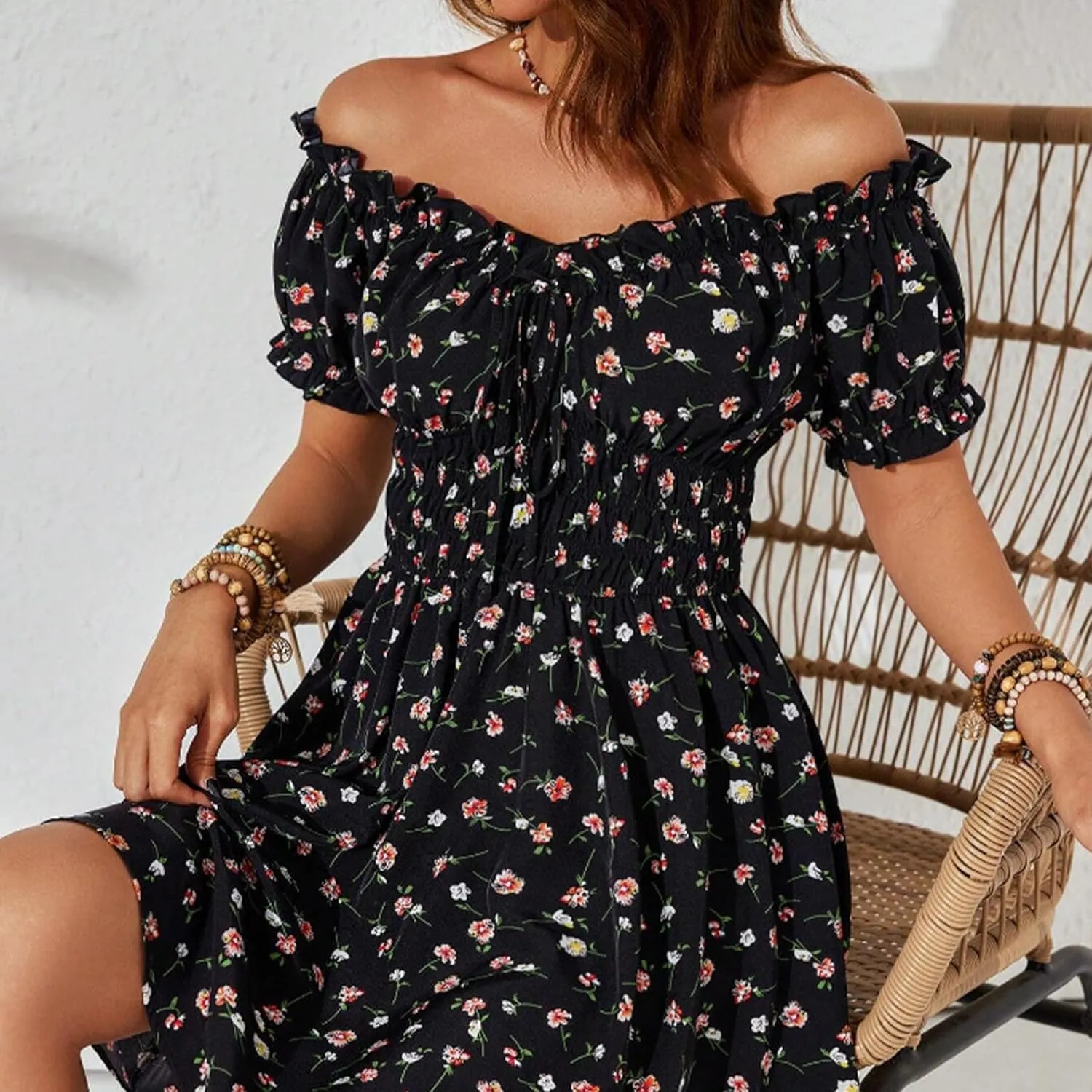 Womens Summer Boho Dress Off-Shoulder Floral Mini Pleated Skirt Beach Vacation