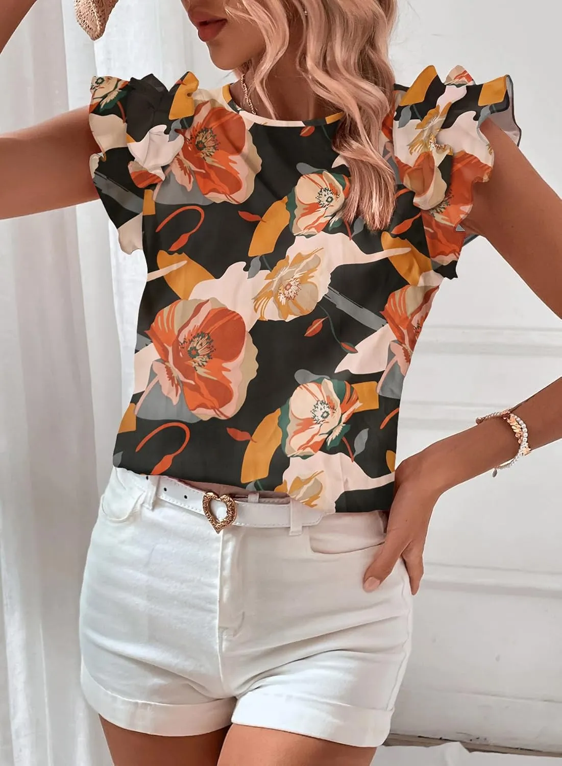 Women's Summer Boho Floral Shirt Short Sleeve Ruffle Trim Blouse Crewneck Casual Tops