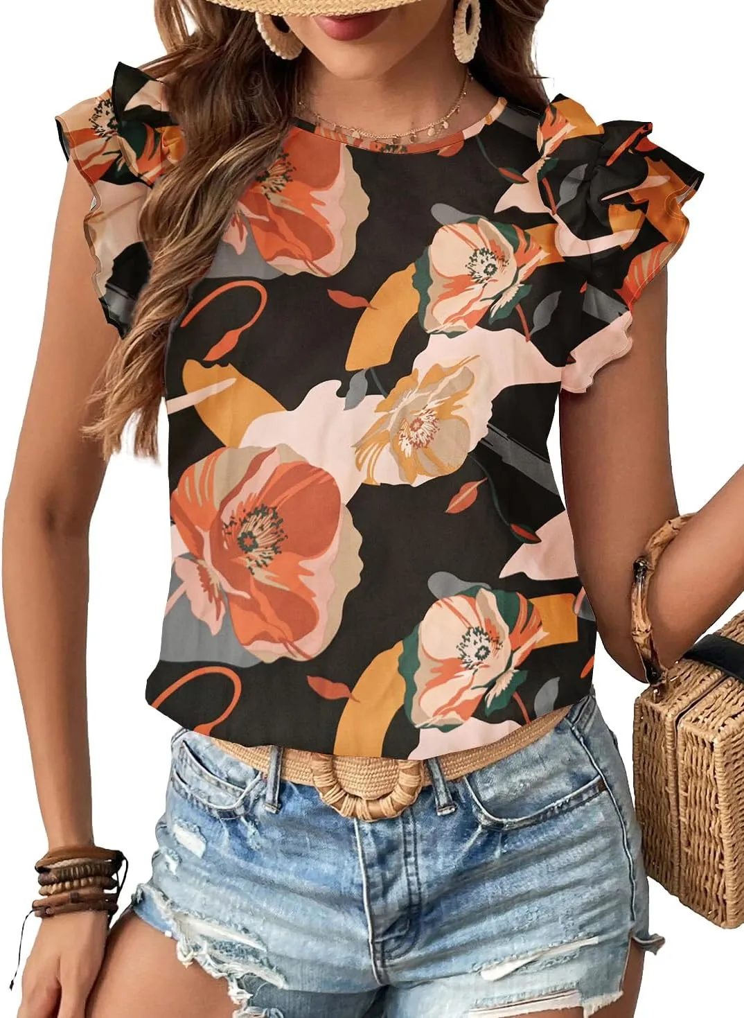 Women's Summer Boho Floral Shirt Short Sleeve Ruffle Trim Blouse Crewneck Casual Tops