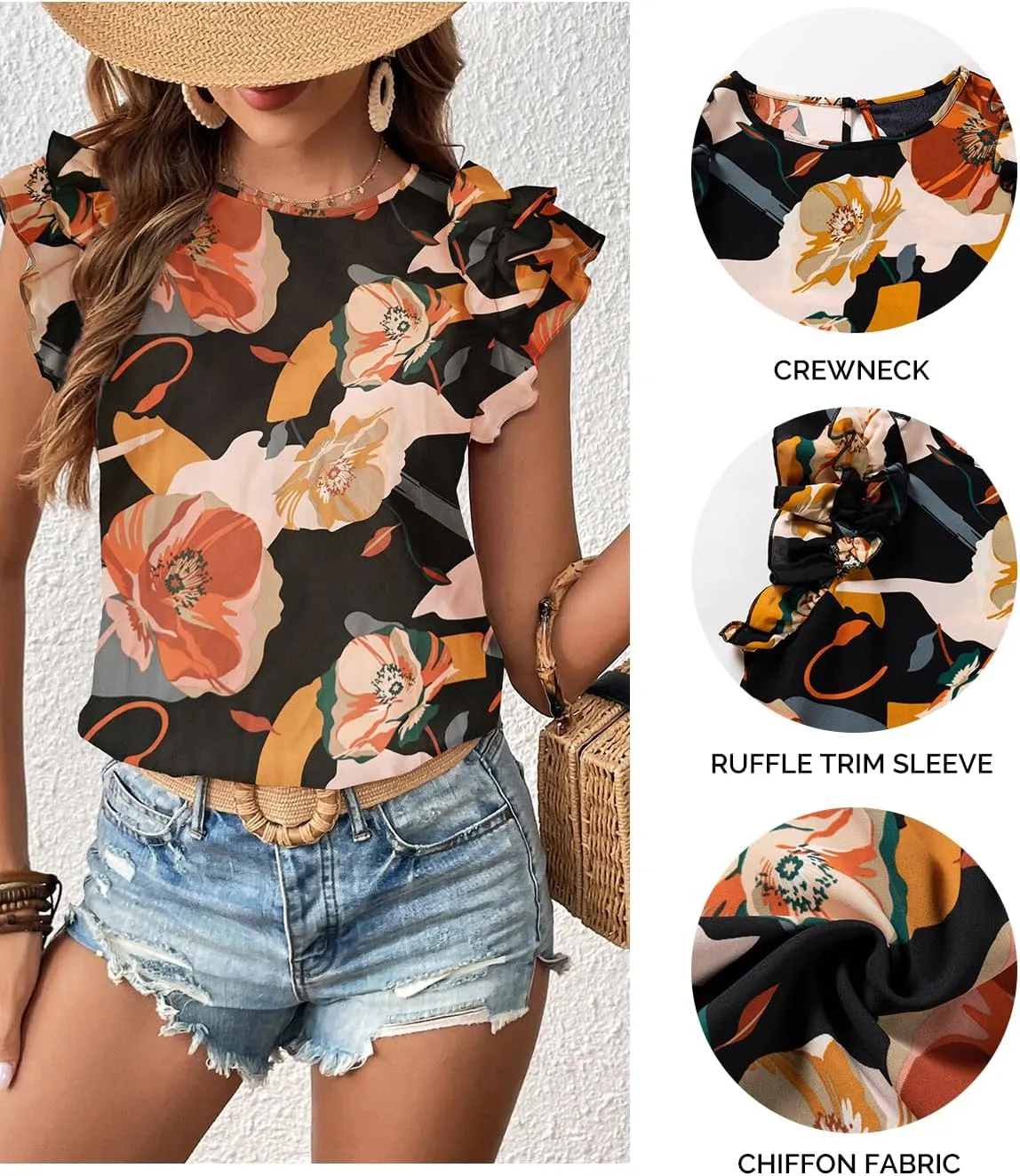 Women's Summer Boho Floral Shirt Short Sleeve Ruffle Trim Blouse Crewneck Casual Tops