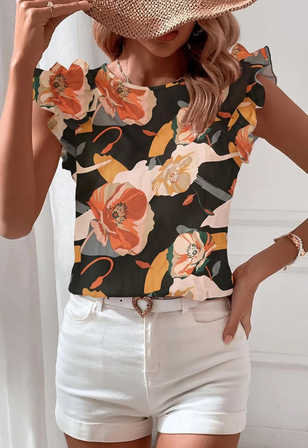 Women's Summer Boho Floral Shirt Short Sleeve Ruffle Trim Blouse Crewneck Casual Tops
