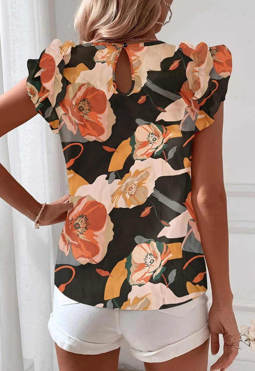 Women's Summer Boho Floral Shirt Short Sleeve Ruffle Trim Blouse Crewneck Casual Tops