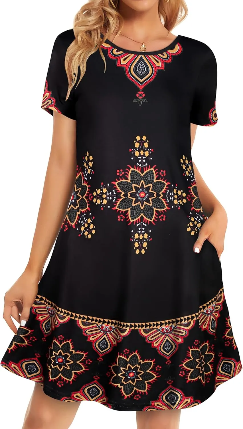 Womens Summer Dresses Beach Casual Loose Tshirt Floral Short Sleeve Flowy Pockets Sundresses