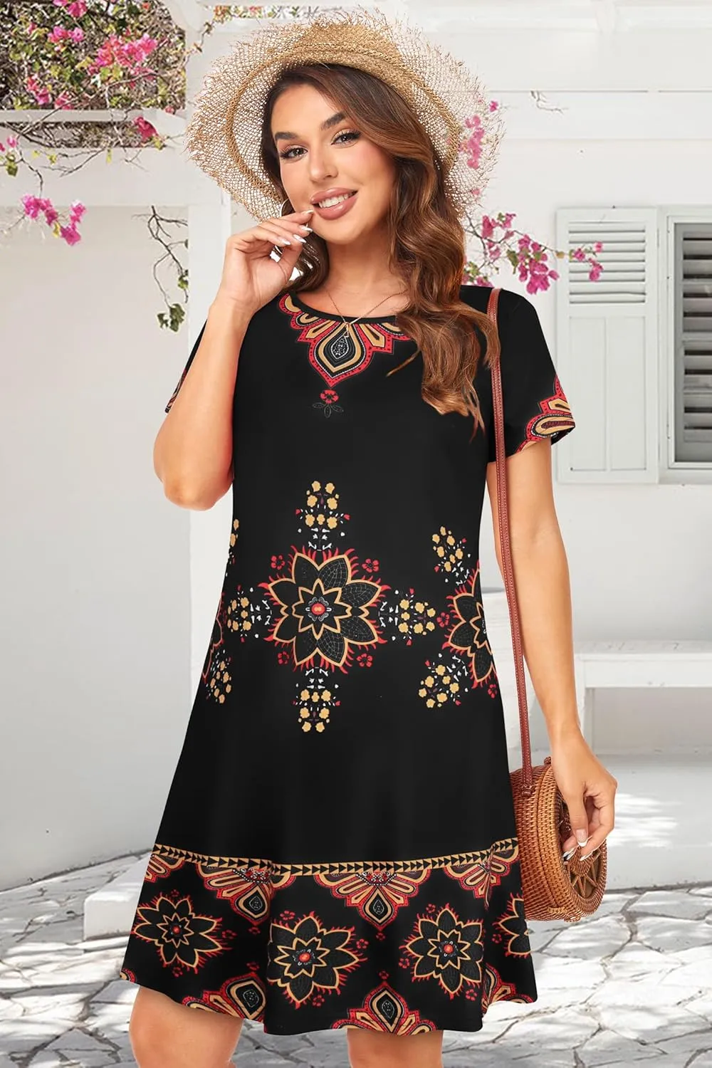 Womens Summer Dresses Beach Casual Loose Tshirt Floral Short Sleeve Flowy Pockets Sundresses