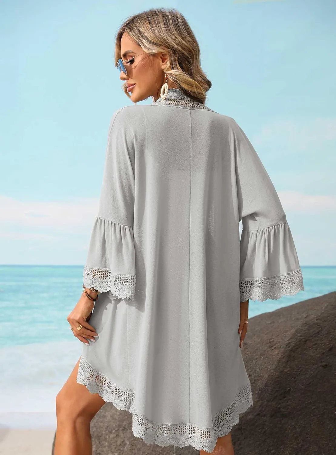 Women's Summer Lightweight Cardigan 3/4 Ruffle Sleeve Lace Details Kimono