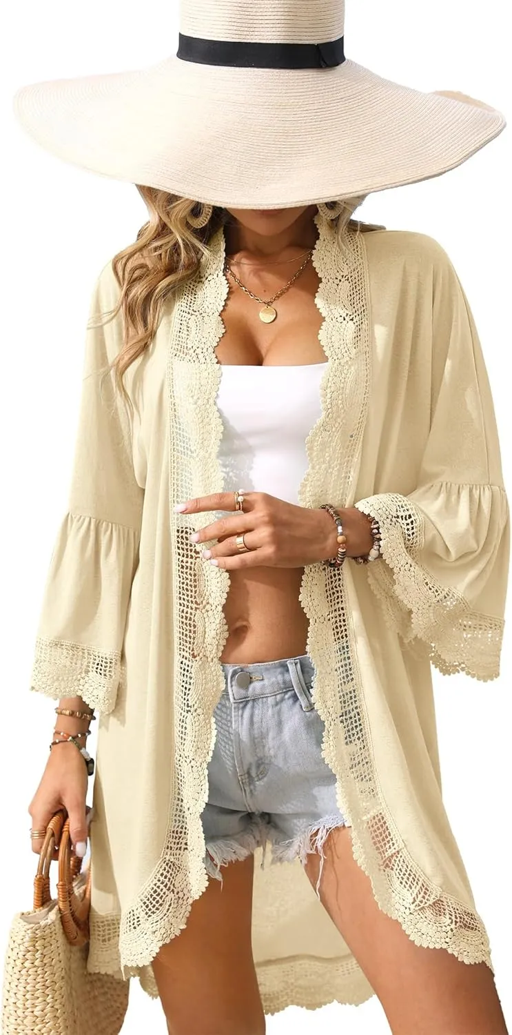 Women's Summer Lightweight Cardigan 3/4 Ruffle Sleeve Lace Details Kimono