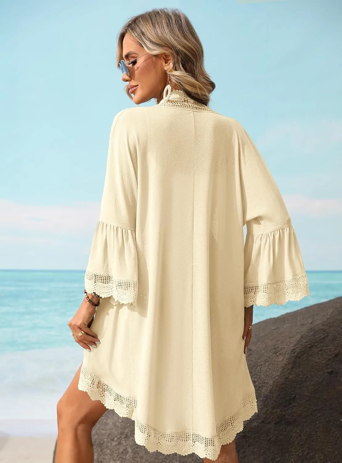 Women's Summer Lightweight Cardigan 3/4 Ruffle Sleeve Lace Details Kimono