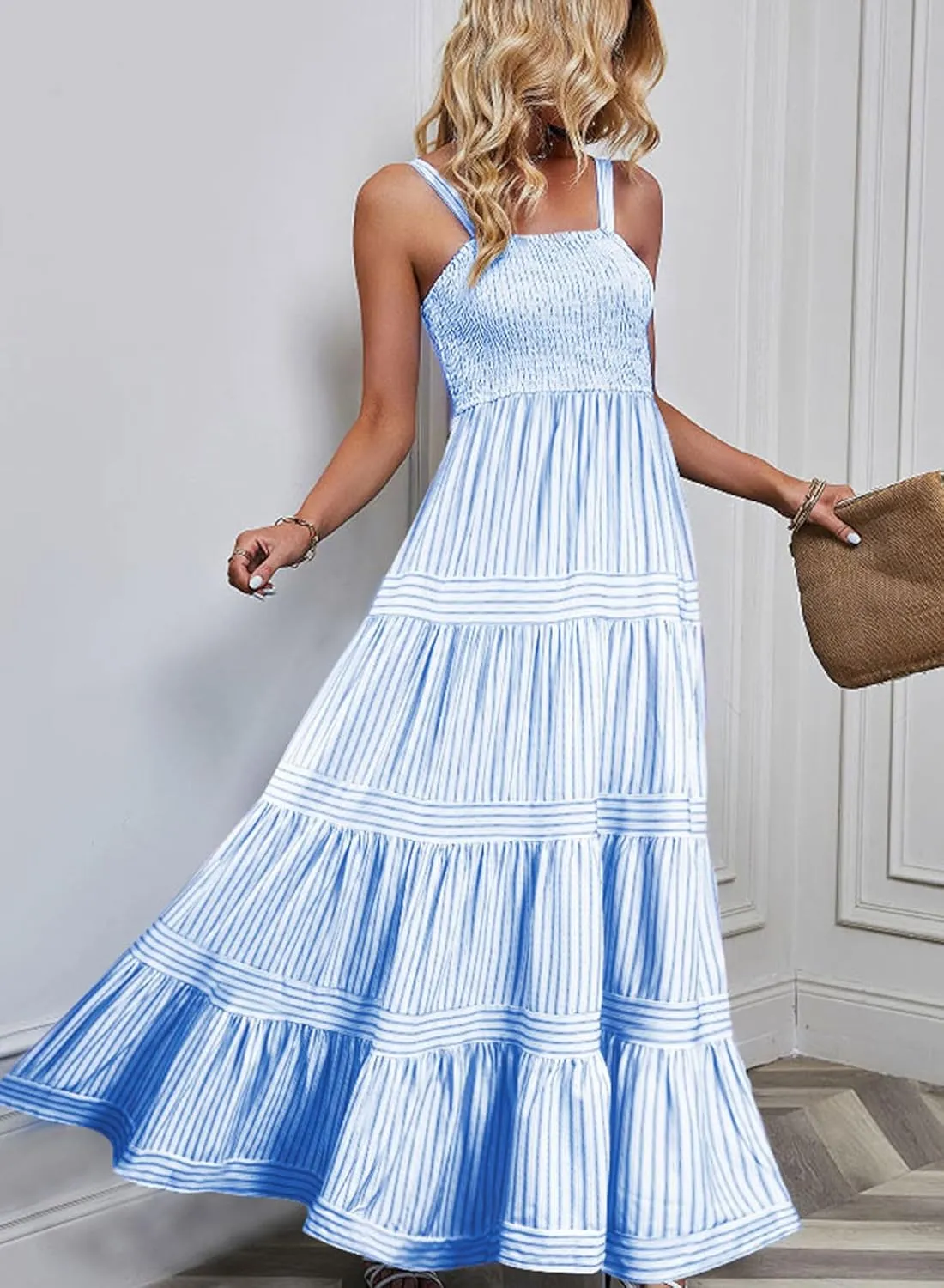 Womens Summer Maxi Sundresses 2025 Striped Long Beach Flowy Tiered Sun Dresses