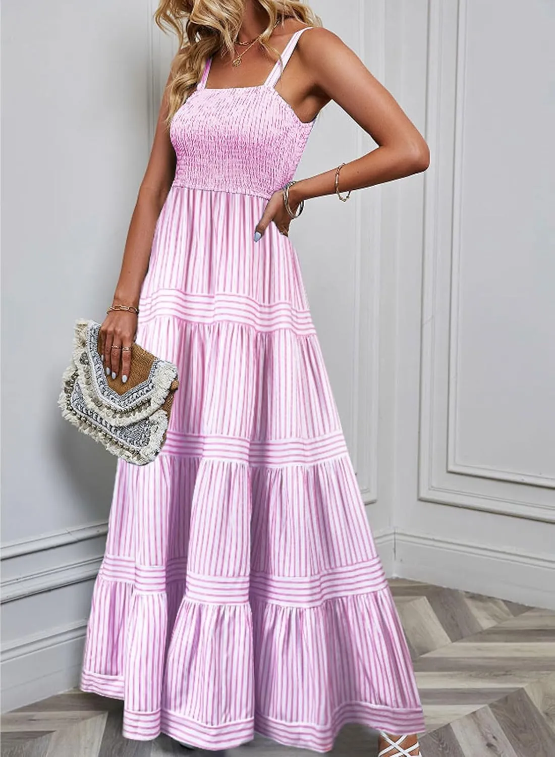 Womens Summer Maxi Sundresses 2025 Striped Long Beach Flowy Tiered Sun Dresses