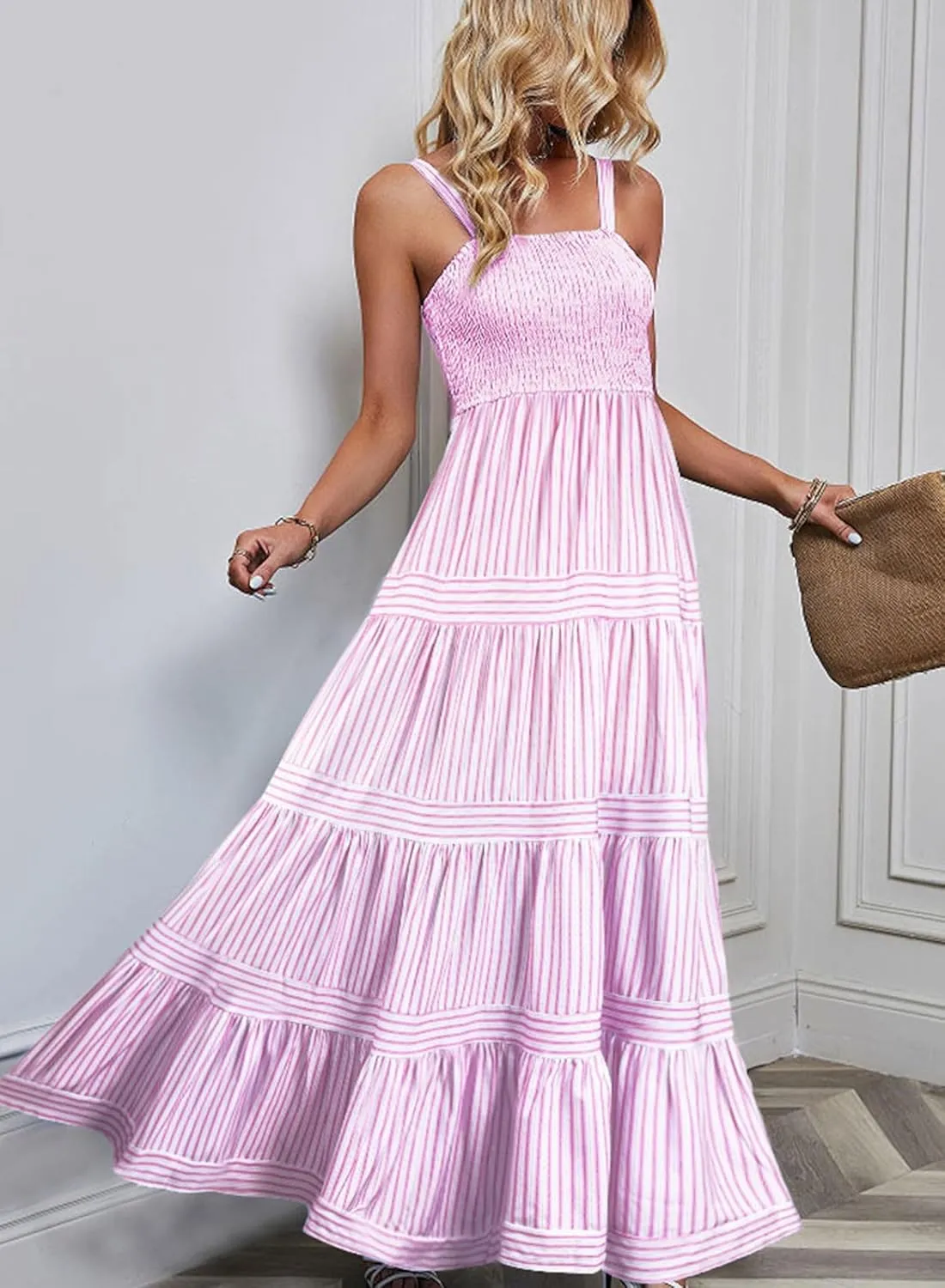 Womens Summer Maxi Sundresses 2025 Striped Long Beach Flowy Tiered Sun Dresses