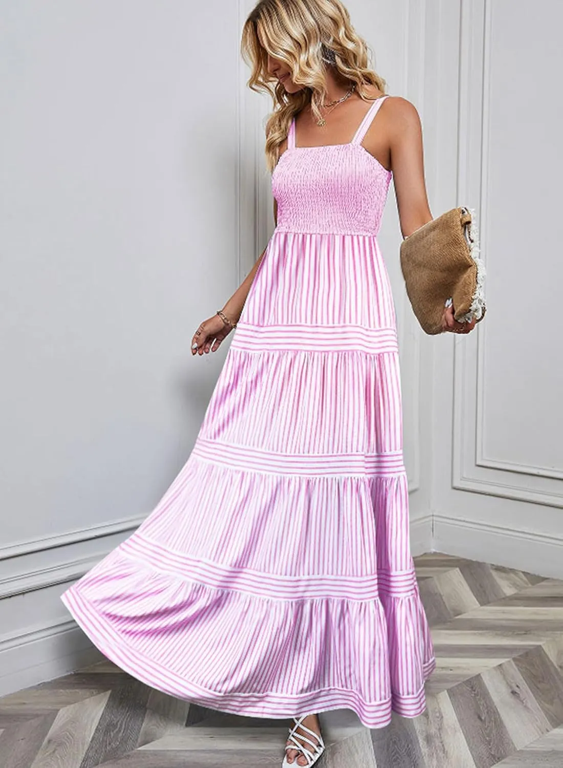 Womens Summer Maxi Sundresses 2025 Striped Long Beach Flowy Tiered Sun Dresses