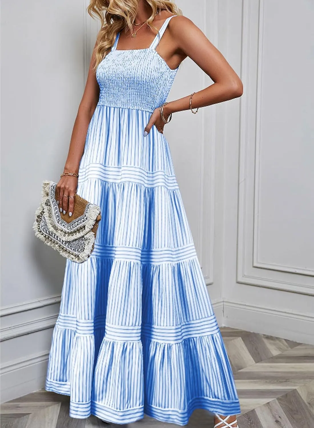 Womens Summer Maxi Sundresses 2025 Striped Long Beach Flowy Tiered Sun Dresses