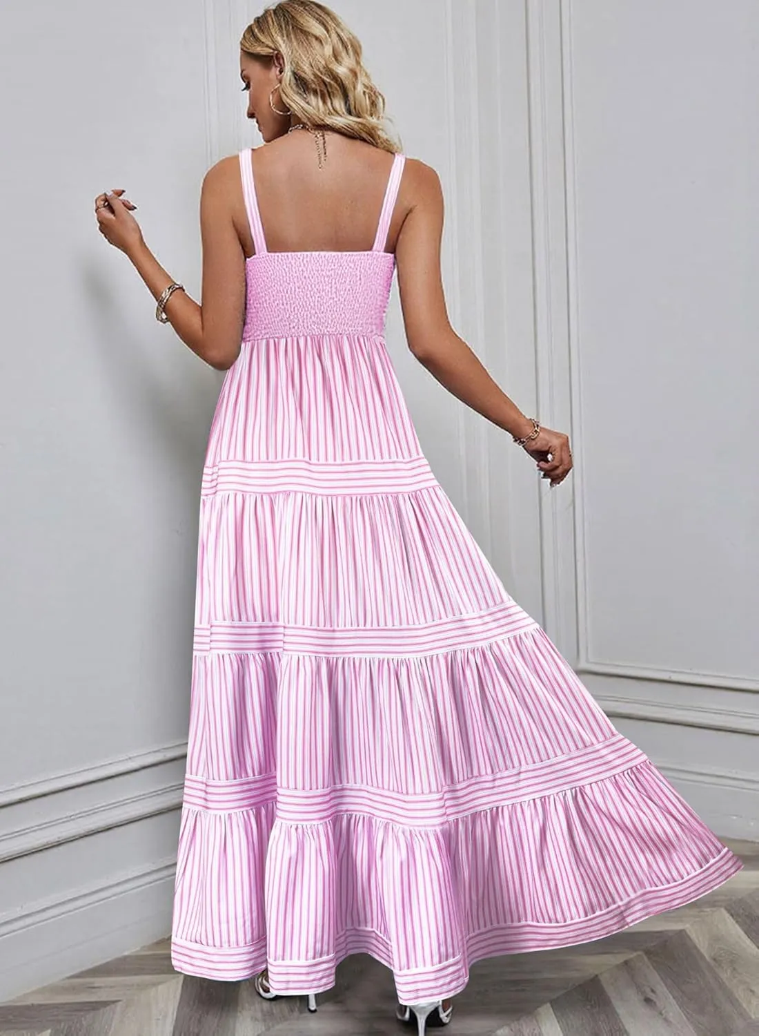 Womens Summer Maxi Sundresses 2025 Striped Long Beach Flowy Tiered Sun Dresses