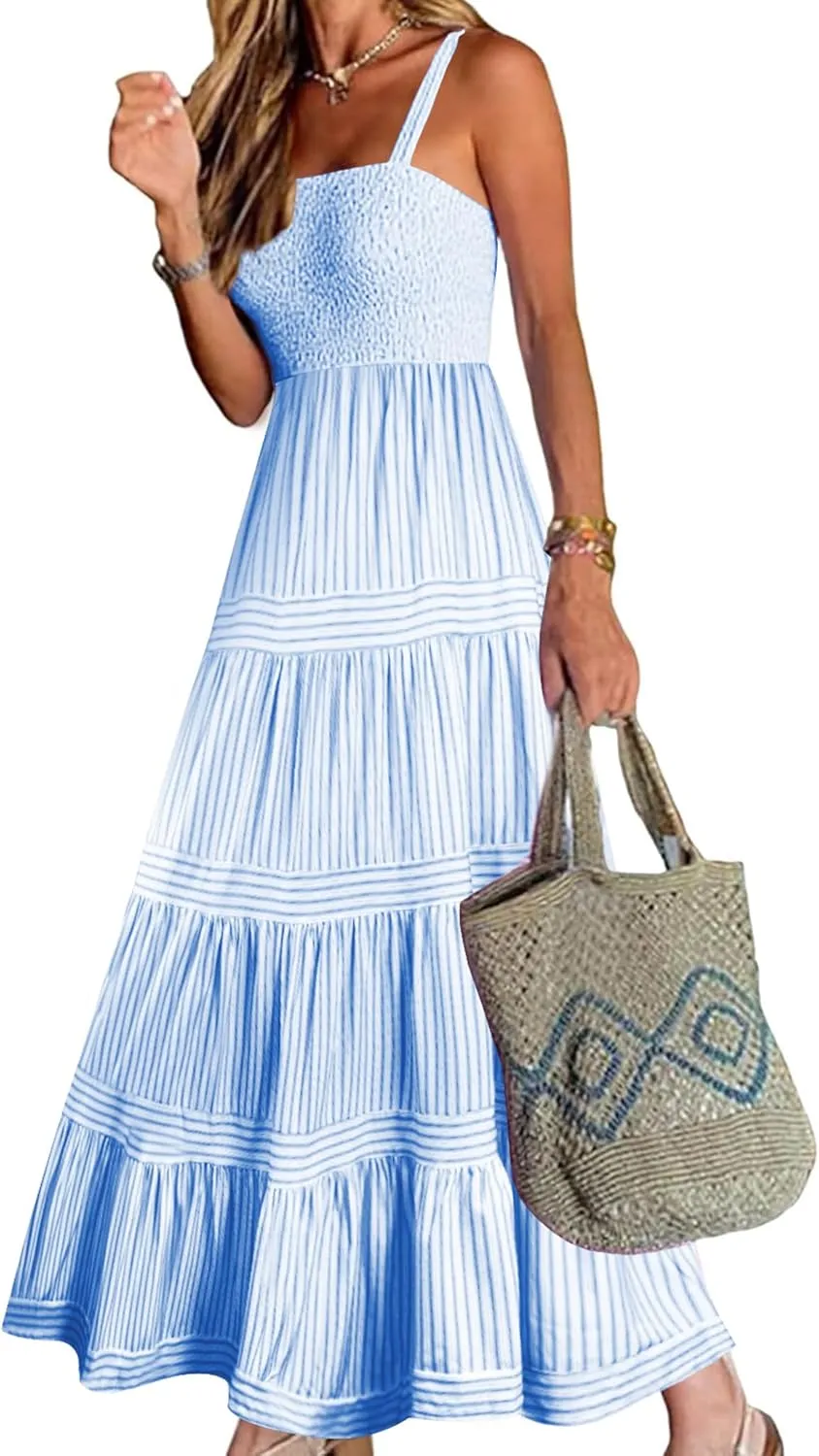 Womens Summer Maxi Sundresses 2025 Striped Long Beach Flowy Tiered Sun Dresses