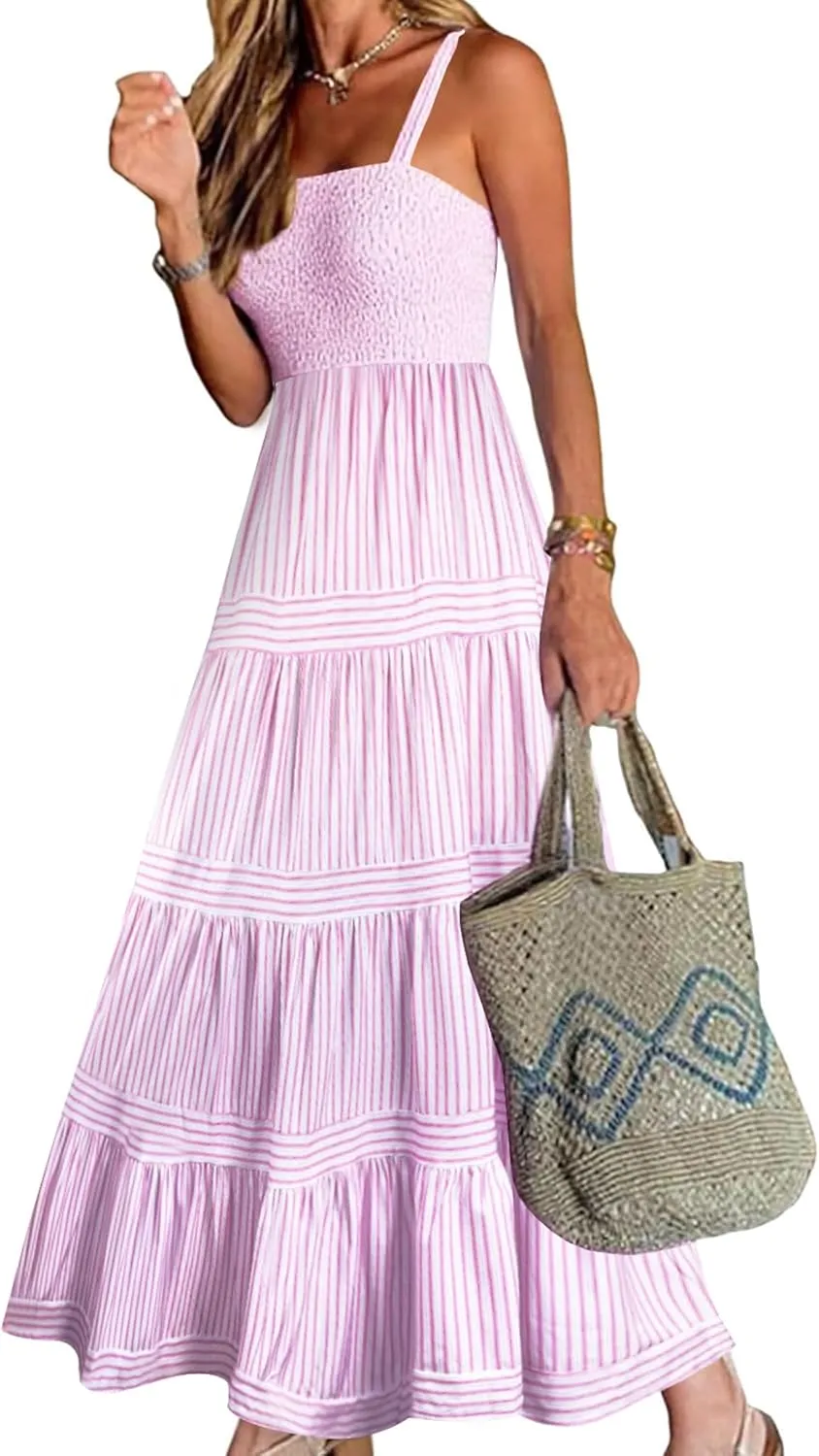 Womens Summer Maxi Sundresses 2025 Striped Long Beach Flowy Tiered Sun Dresses