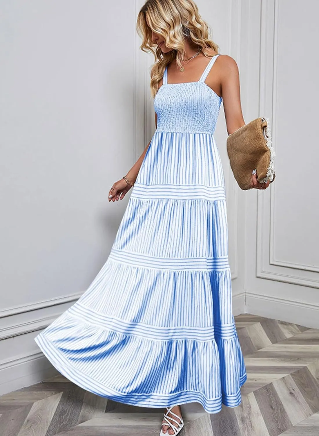 Womens Summer Maxi Sundresses 2025 Striped Long Beach Flowy Tiered Sun Dresses