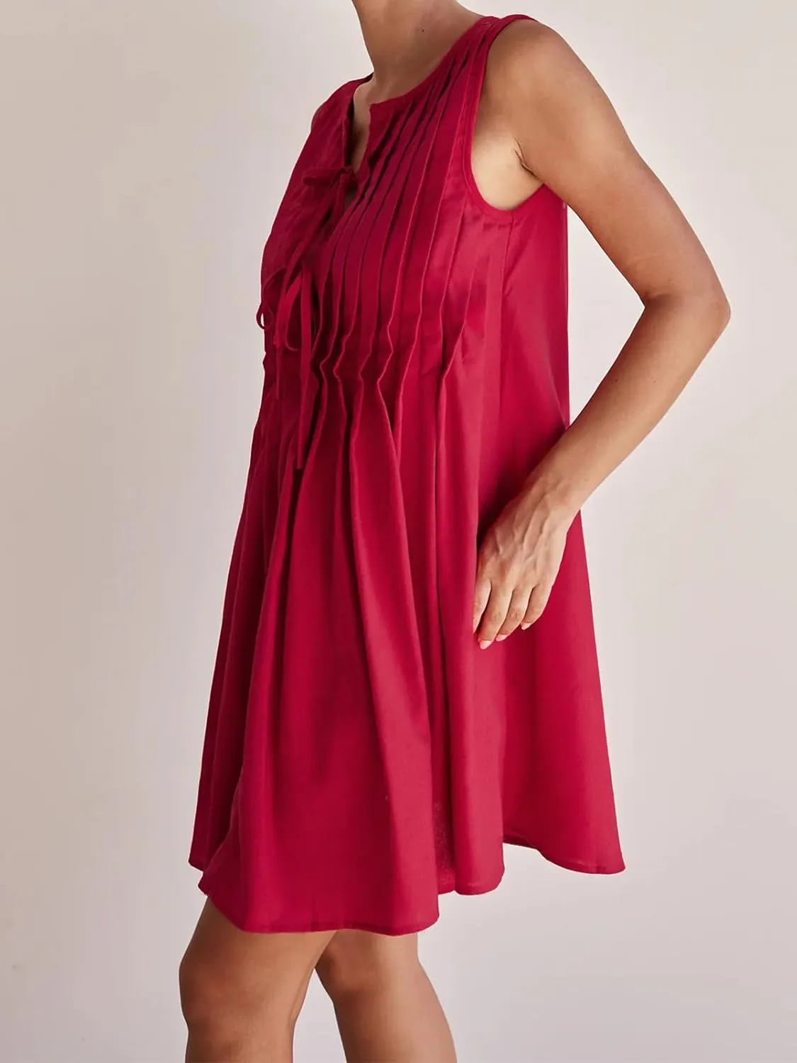 Womens Summer Sleeveless Pleated Dress Tie Front Loose Casual Short Sun Dresses