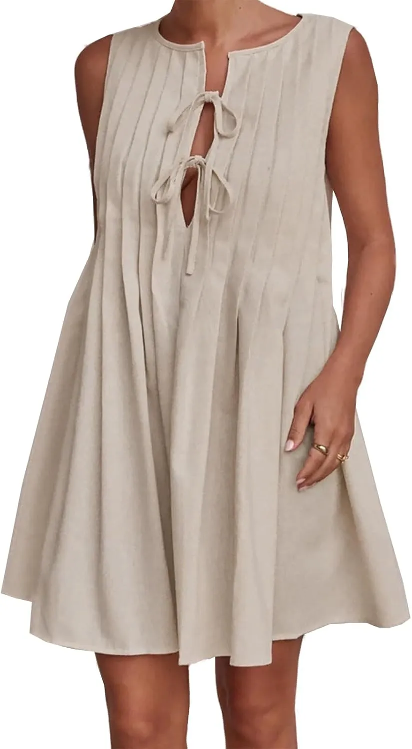Womens Summer Sleeveless Pleated Dress Tie Front Loose Casual Short Sun Dresses