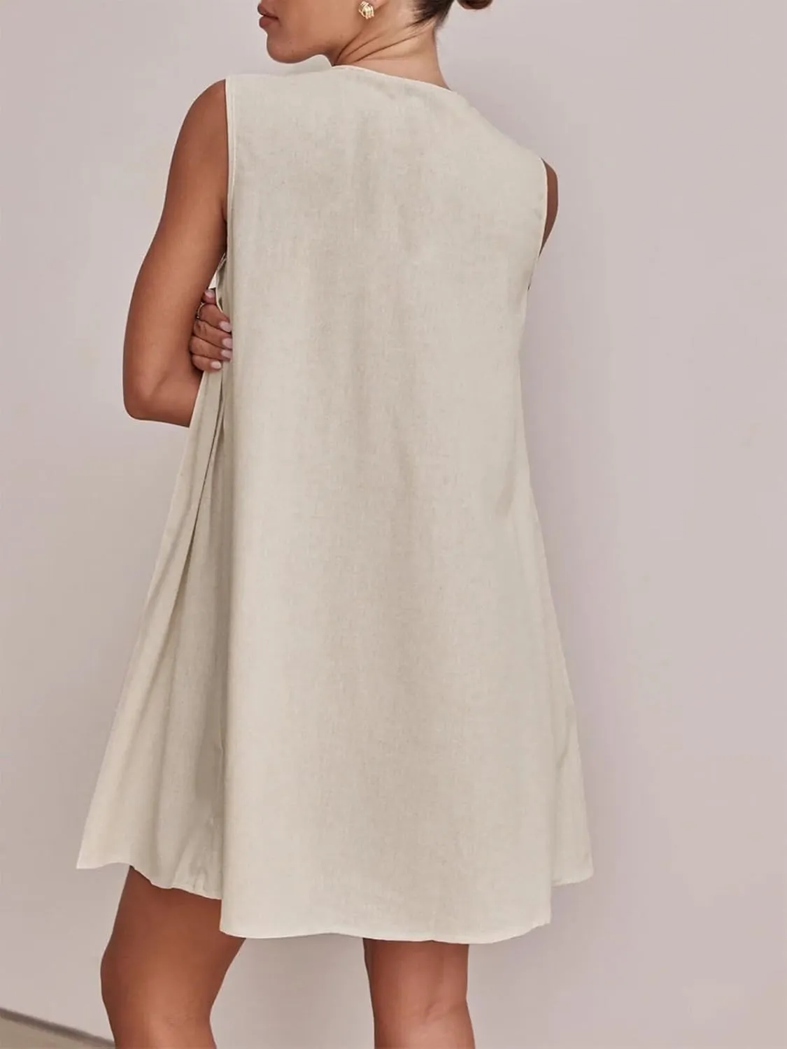 Womens Summer Sleeveless Pleated Dress Tie Front Loose Casual Short Sun Dresses