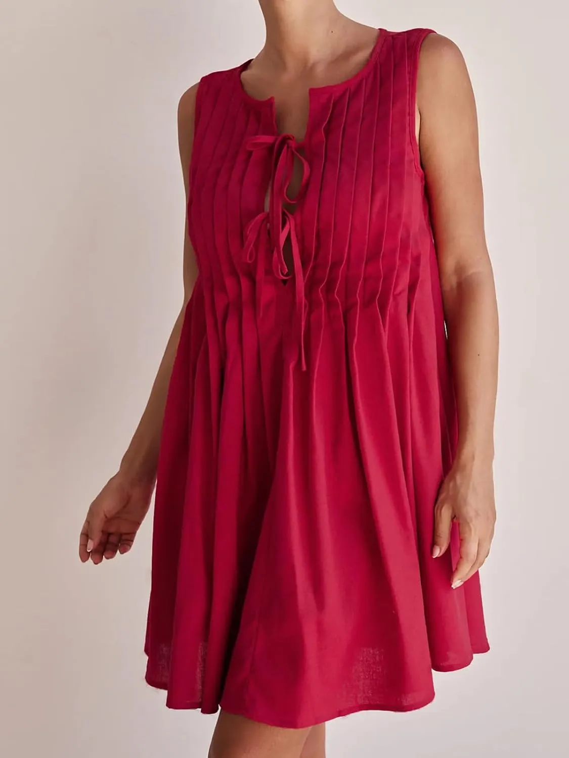 Womens Summer Sleeveless Pleated Dress Tie Front Loose Casual Short Sun Dresses