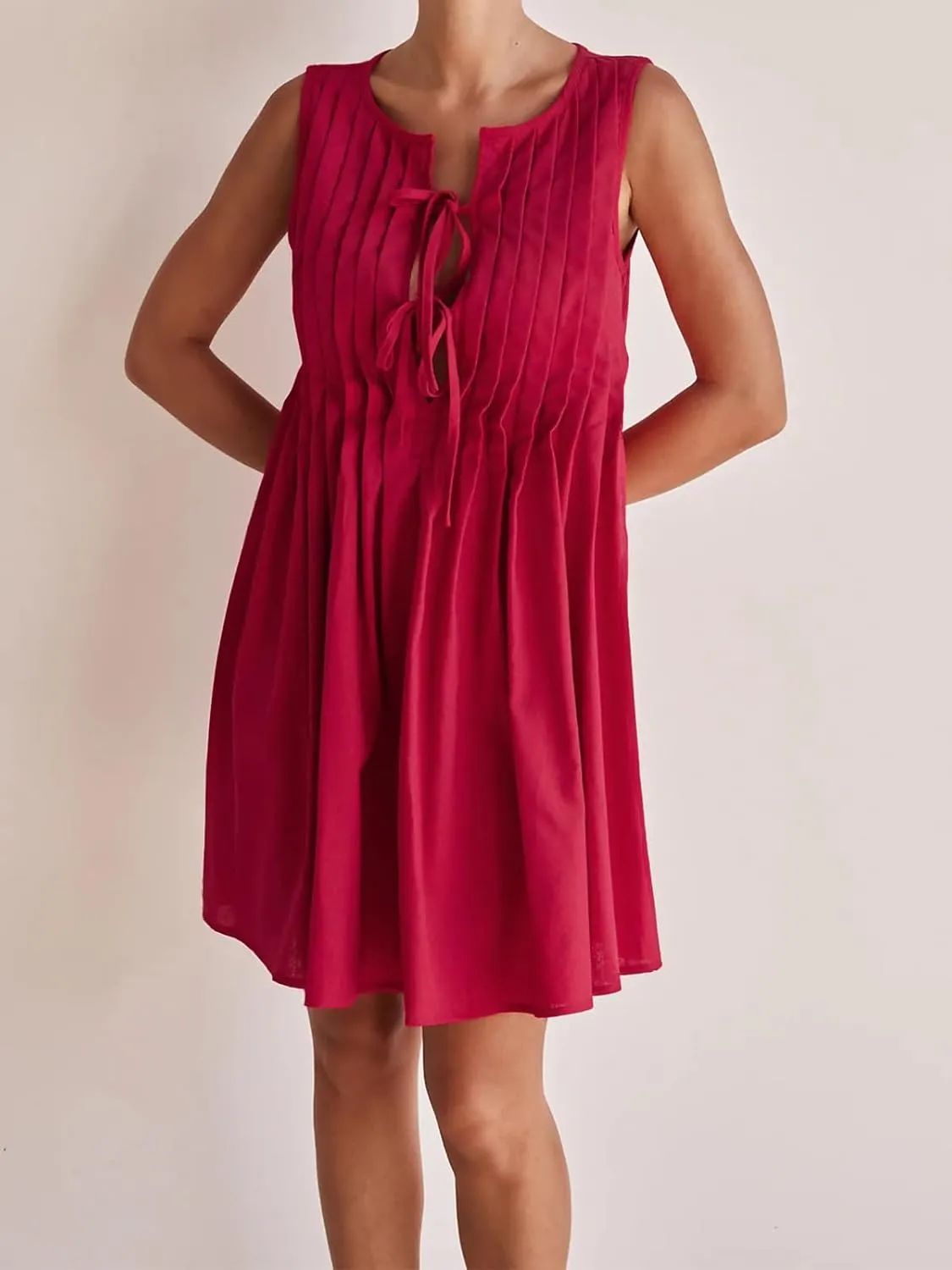 Womens Summer Sleeveless Pleated Dress Tie Front Loose Casual Short Sun Dresses