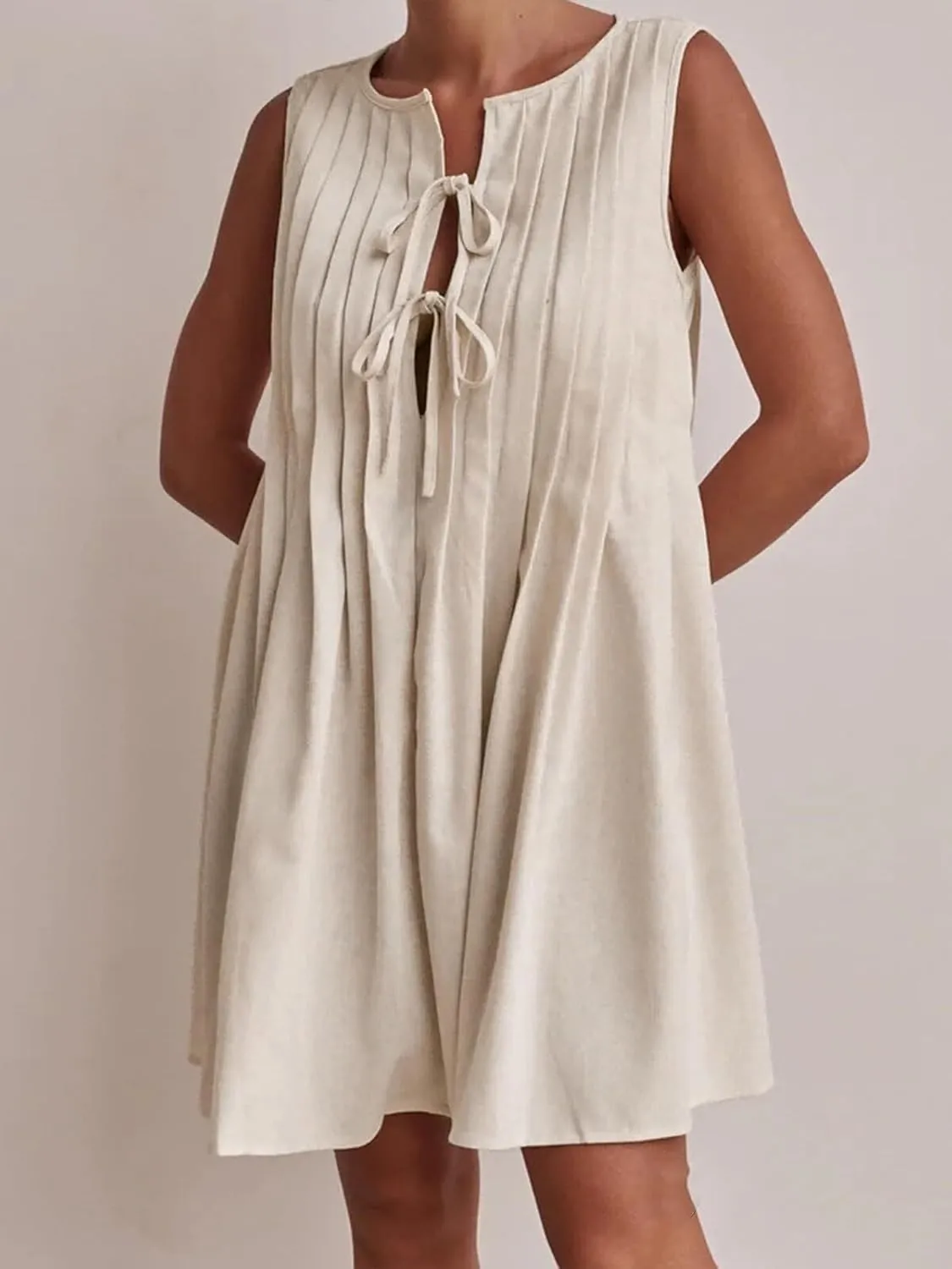 Womens Summer Sleeveless Pleated Dress Tie Front Loose Casual Short Sun Dresses