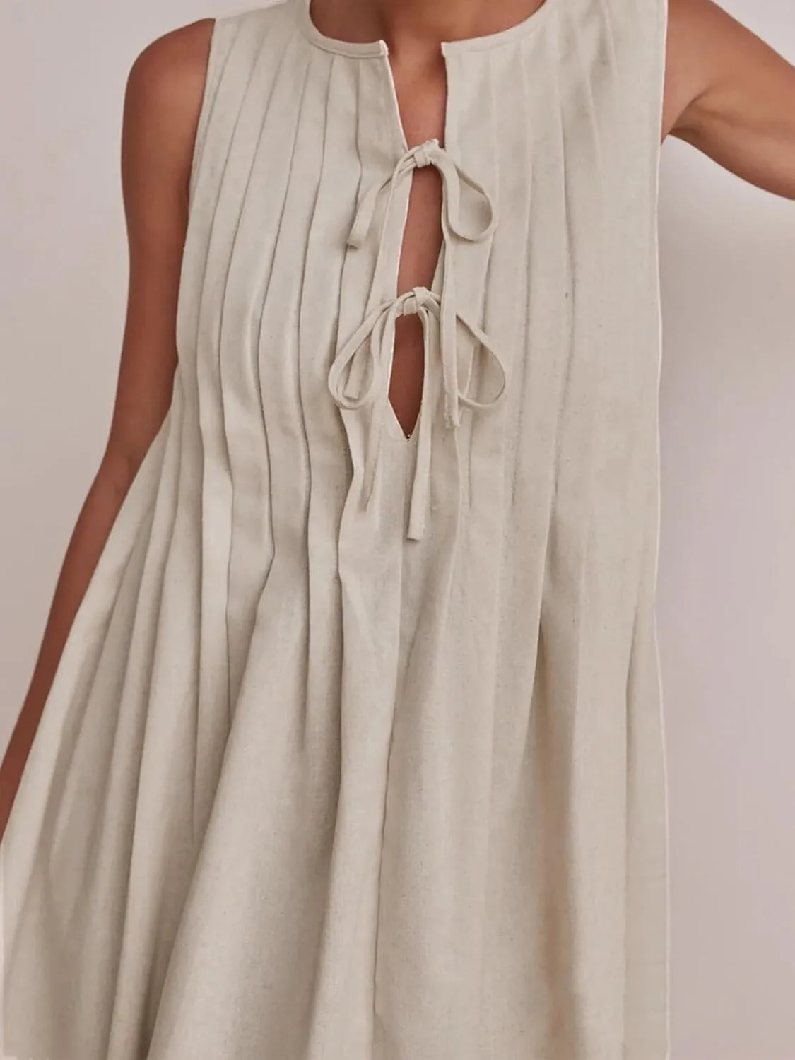 Womens Summer Sleeveless Pleated Dress Tie Front Loose Casual Short Sun Dresses