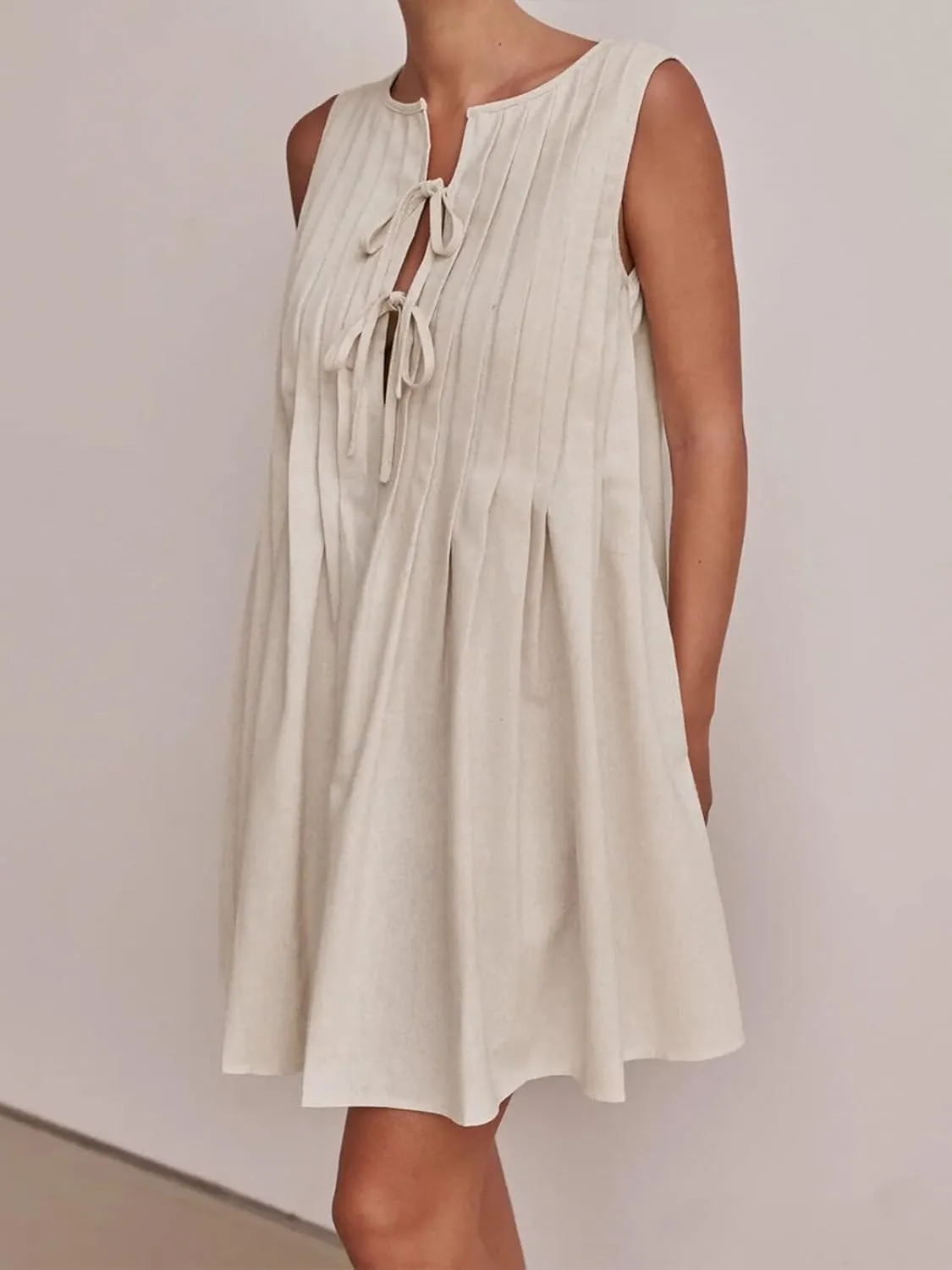 Womens Summer Sleeveless Pleated Dress Tie Front Loose Casual Short Sun Dresses